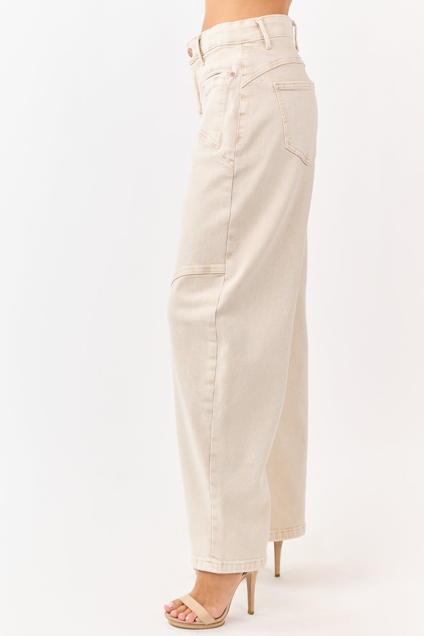 Saige Oatmeal Stretchy Tummy Control Barrel Jeans