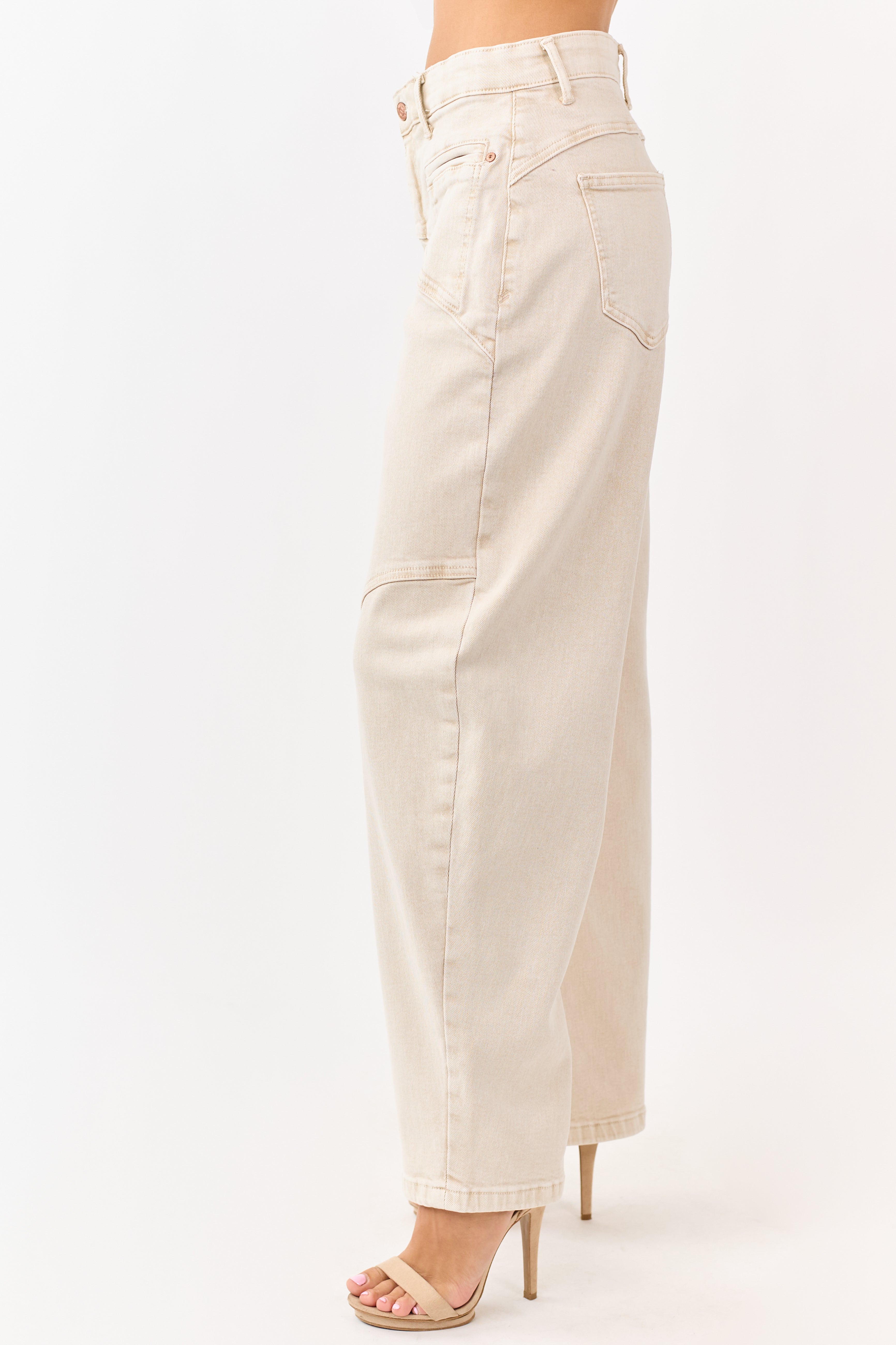 Saige Oatmeal Stretchy Tummy Control Barrel Jeans