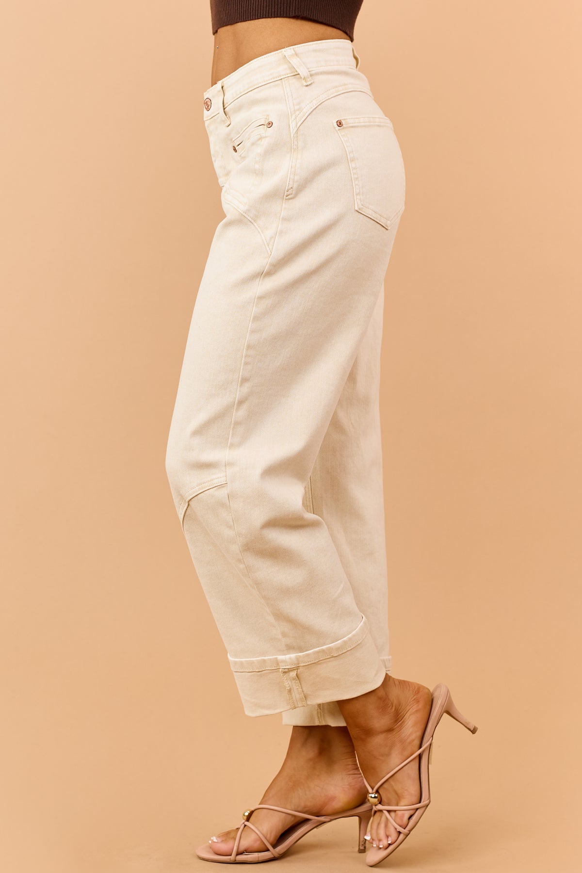 Saige Oatmeal Stretchy Tummy Control Barrel Jeans