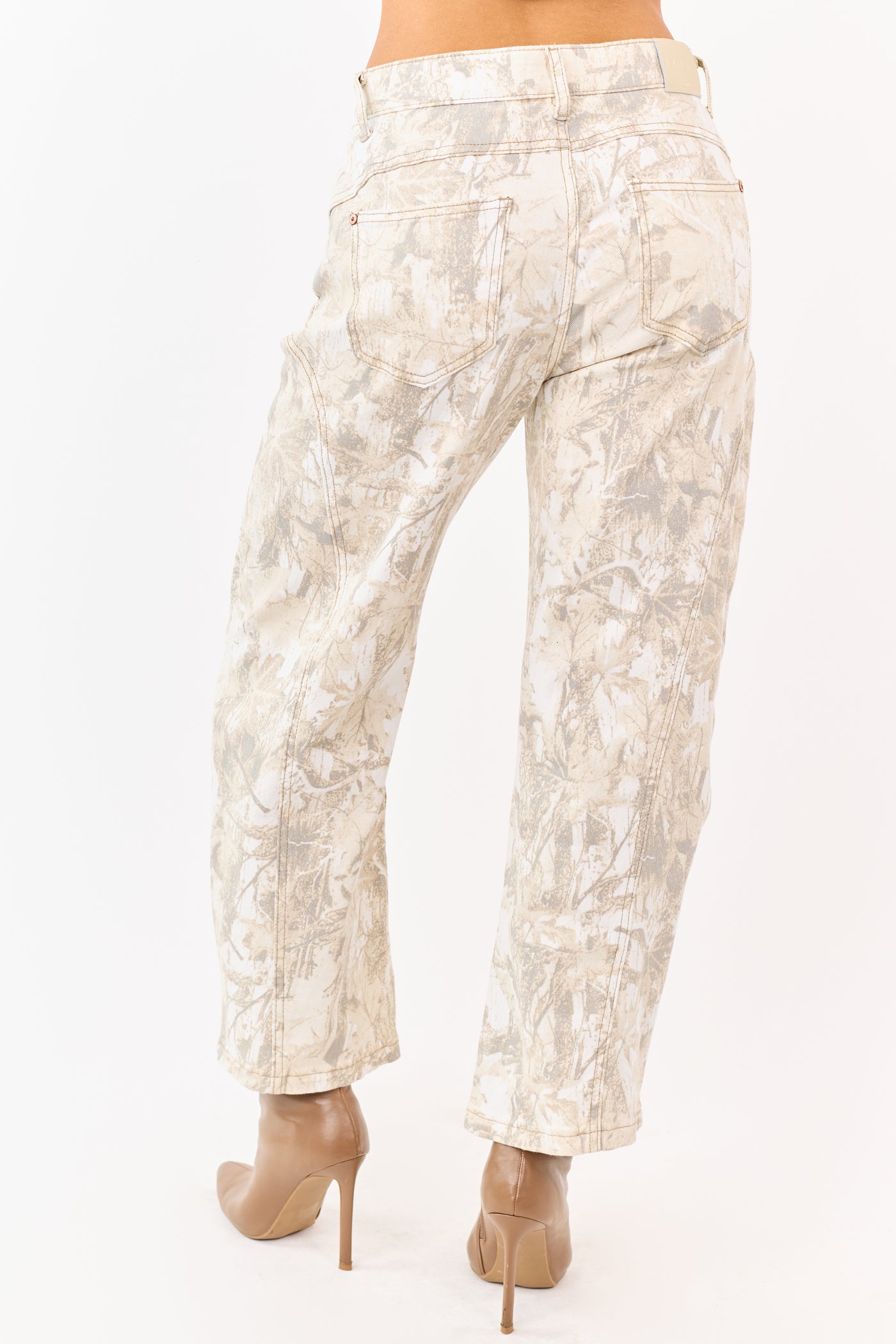 Saige Sand Camo Print Tummy Control Barrel Jeans