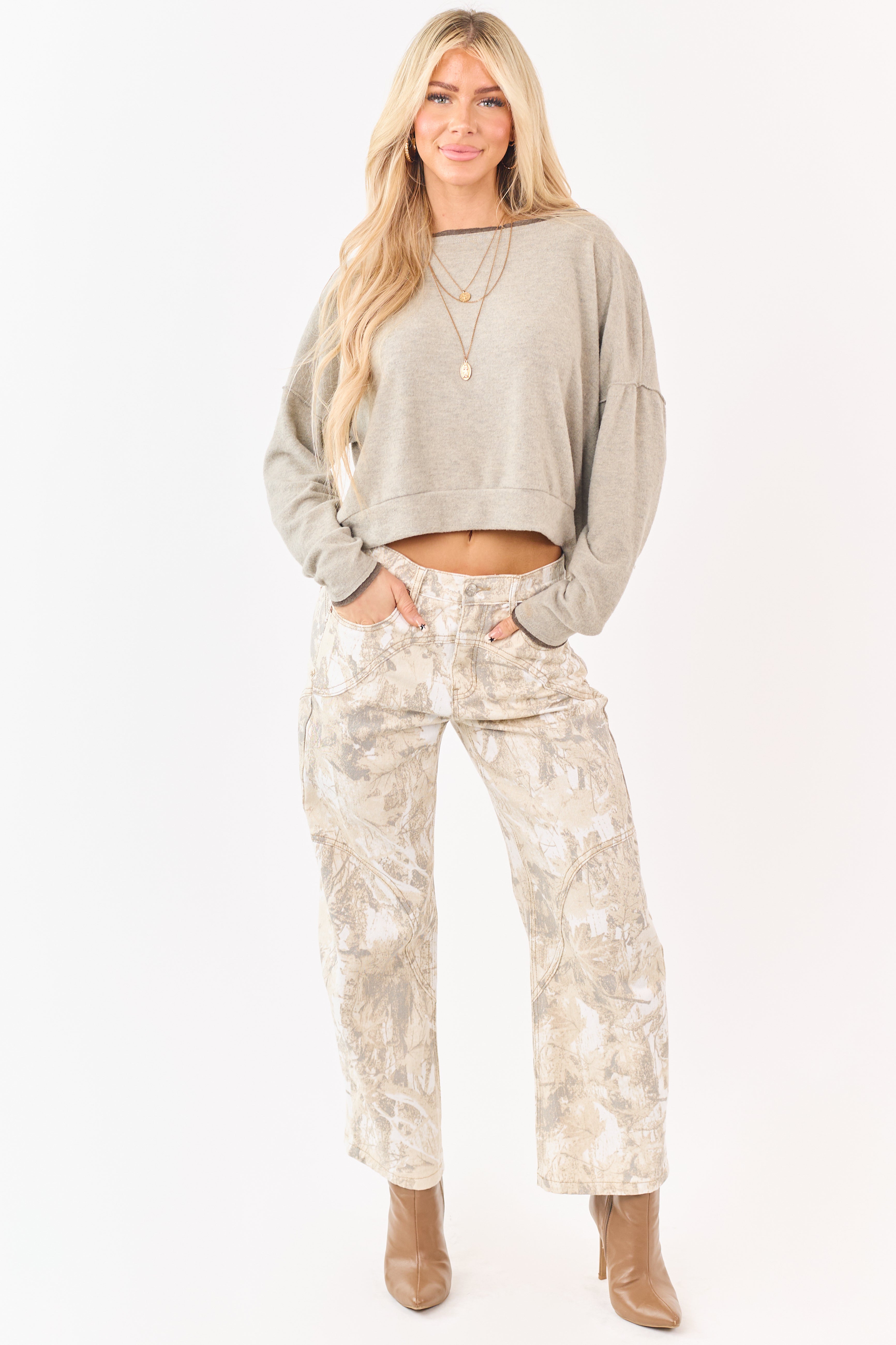 Saige Sand Camo Print Tummy Control Barrel Jeans