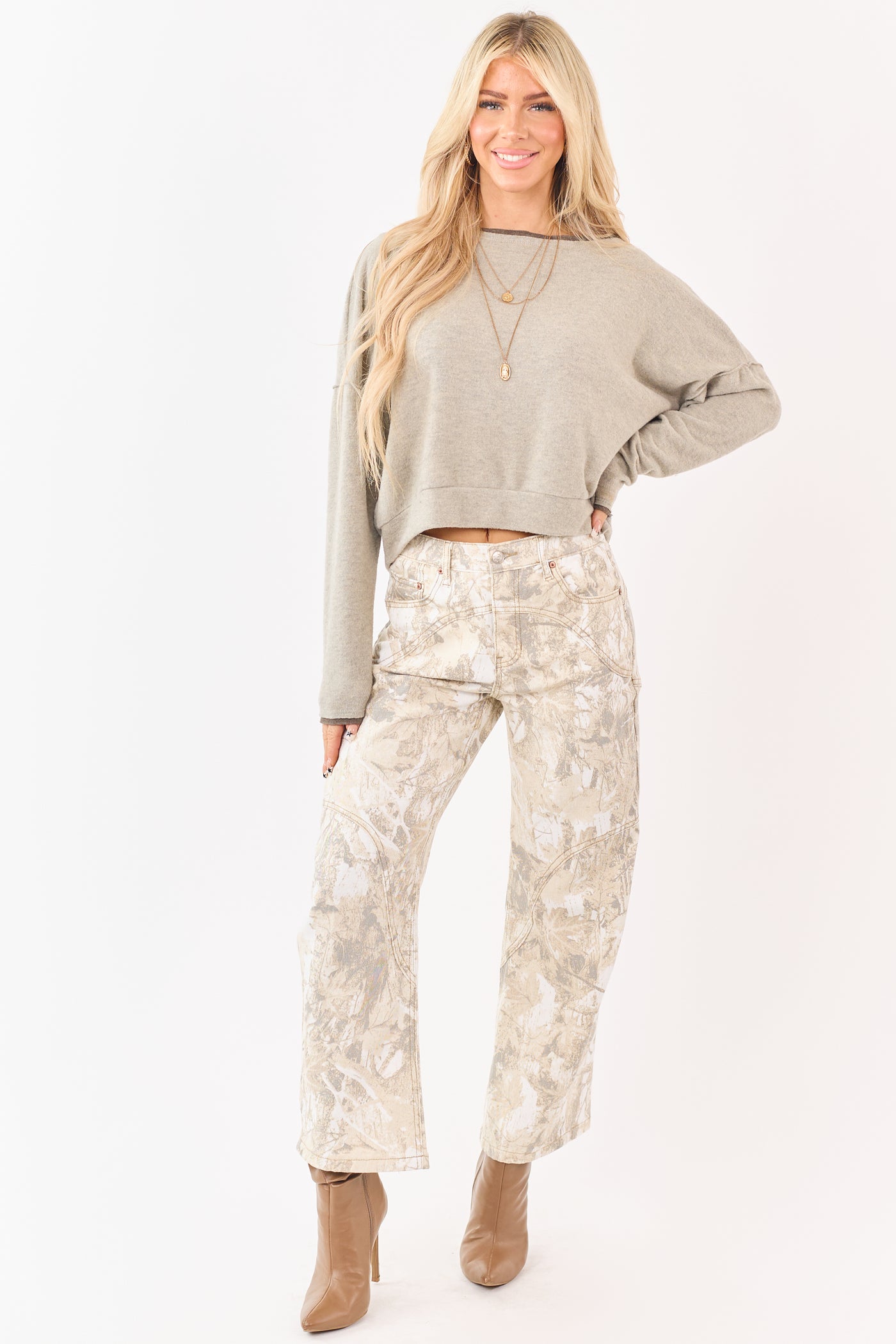 Saige Sand Camo Print Tummy Control Barrel Jeans