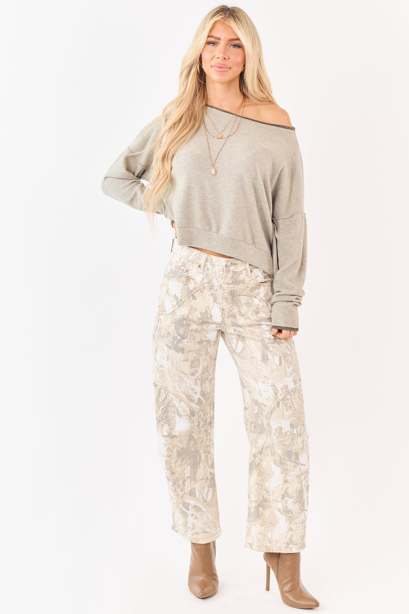 Saige Sand Camo Print Tummy Control Barrel Jeans