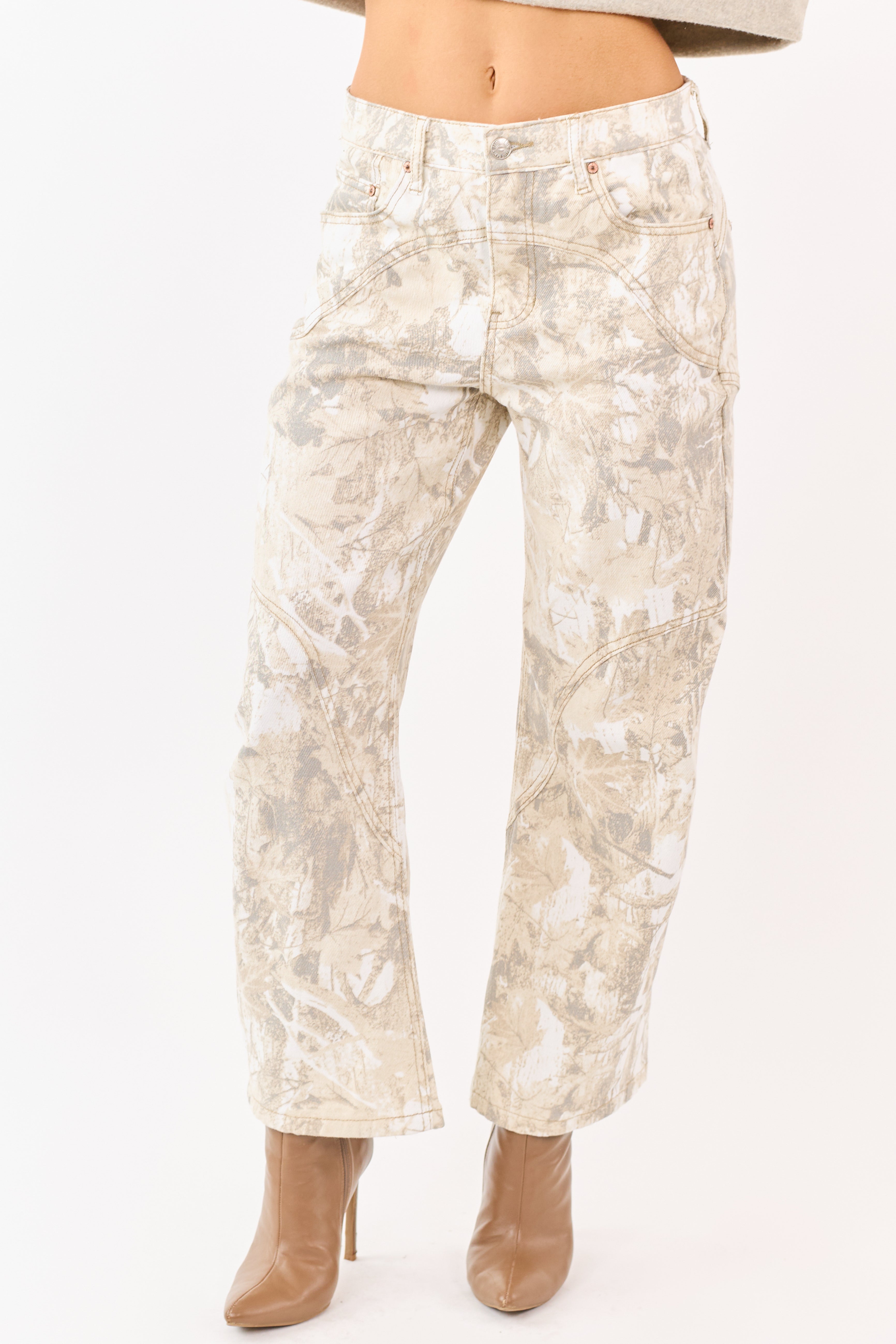 Saige Sand Camo Print Tummy Control Barrel Jeans