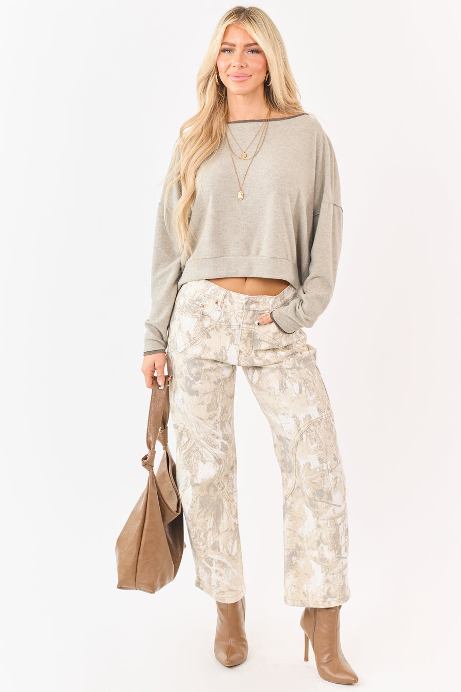 Saige Sand Camo Print Tummy Control Barrel Jeans