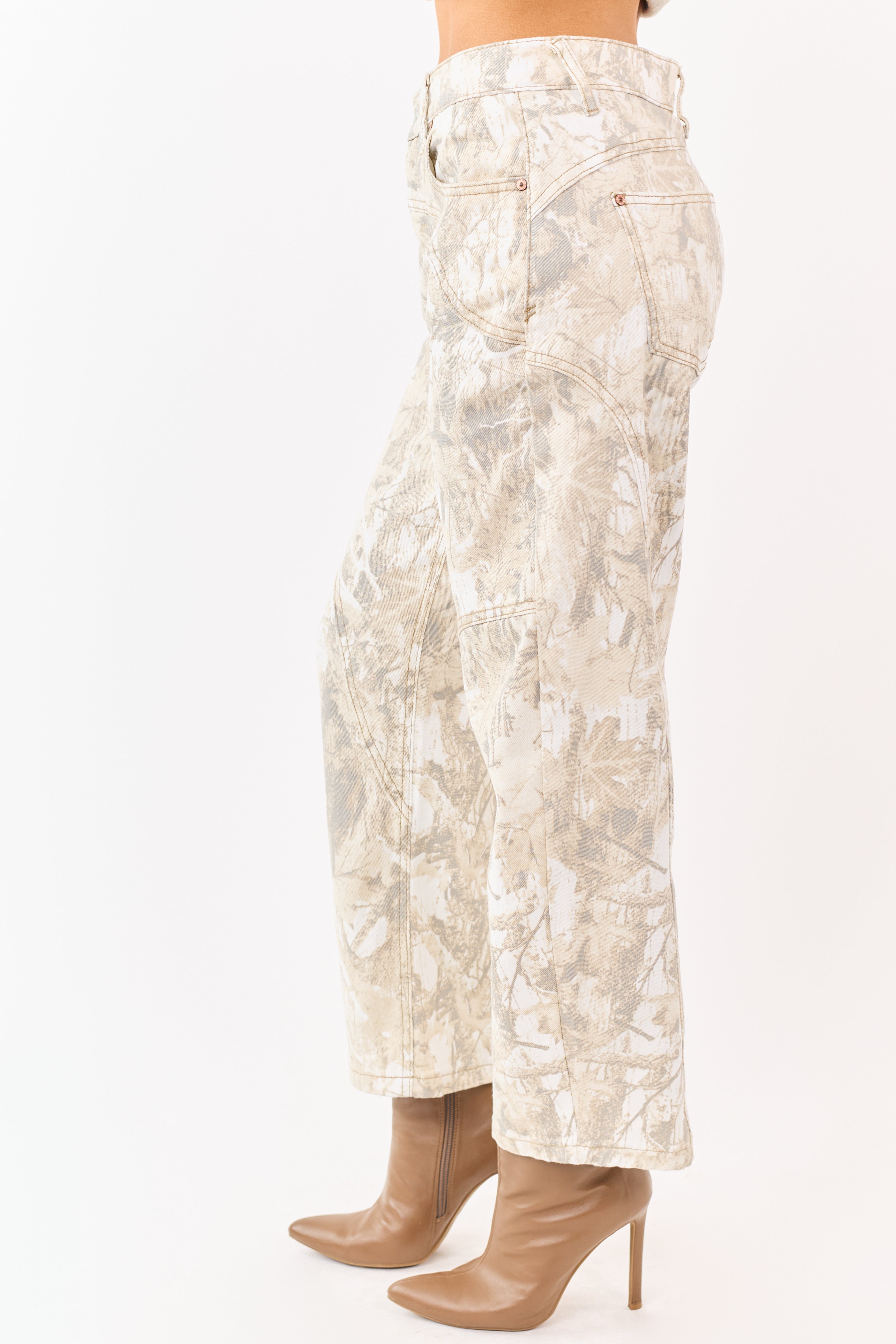 Saige Sand Camo Print Tummy Control Barrel Jeans