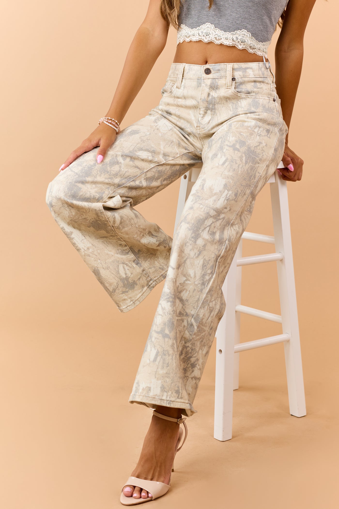 Saige Sand Faded Camo Tummy Control Wide Jeans