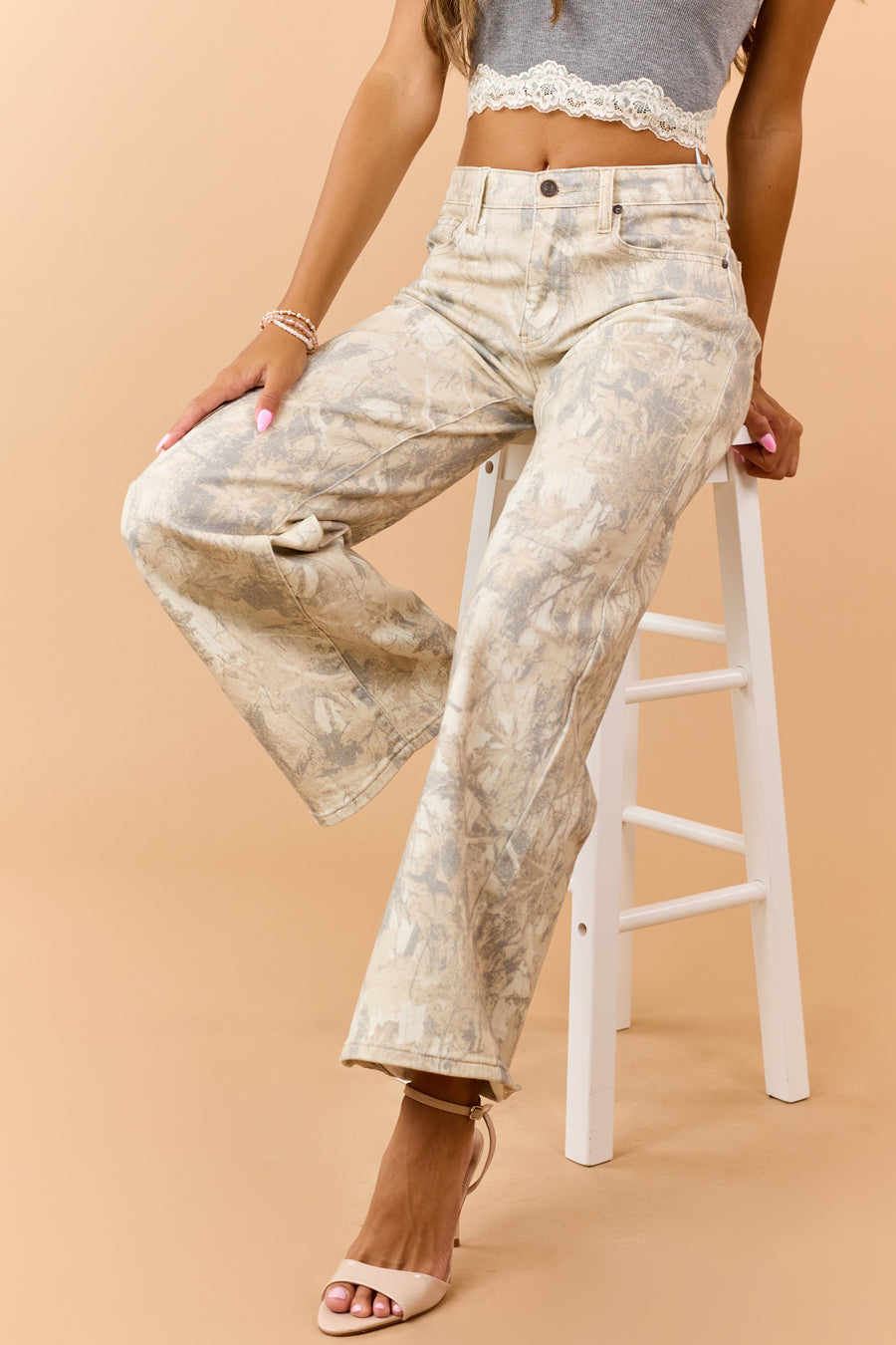 Saige Sand Faded Camo Tummy Control Wide Jeans