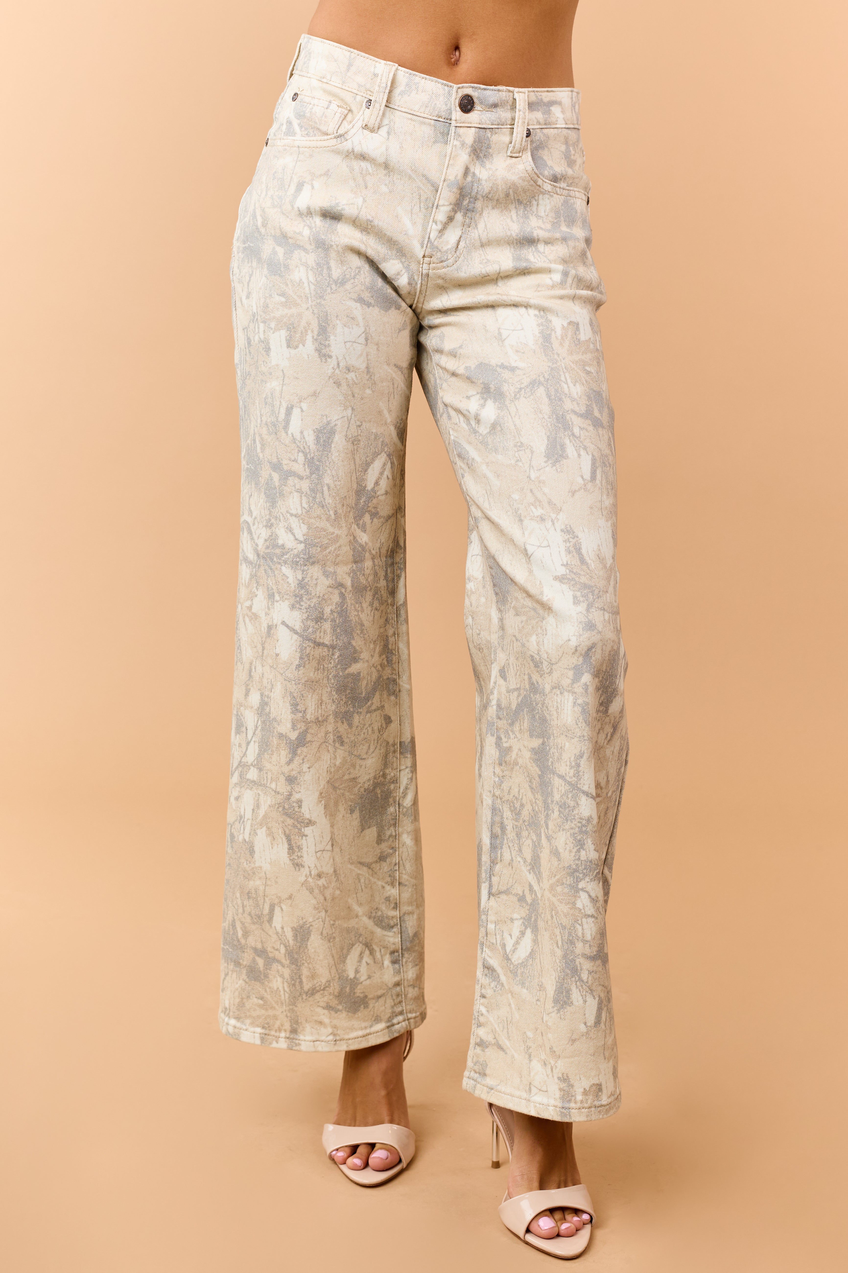 Saige Sand Faded Camo Tummy Control Wide Jeans