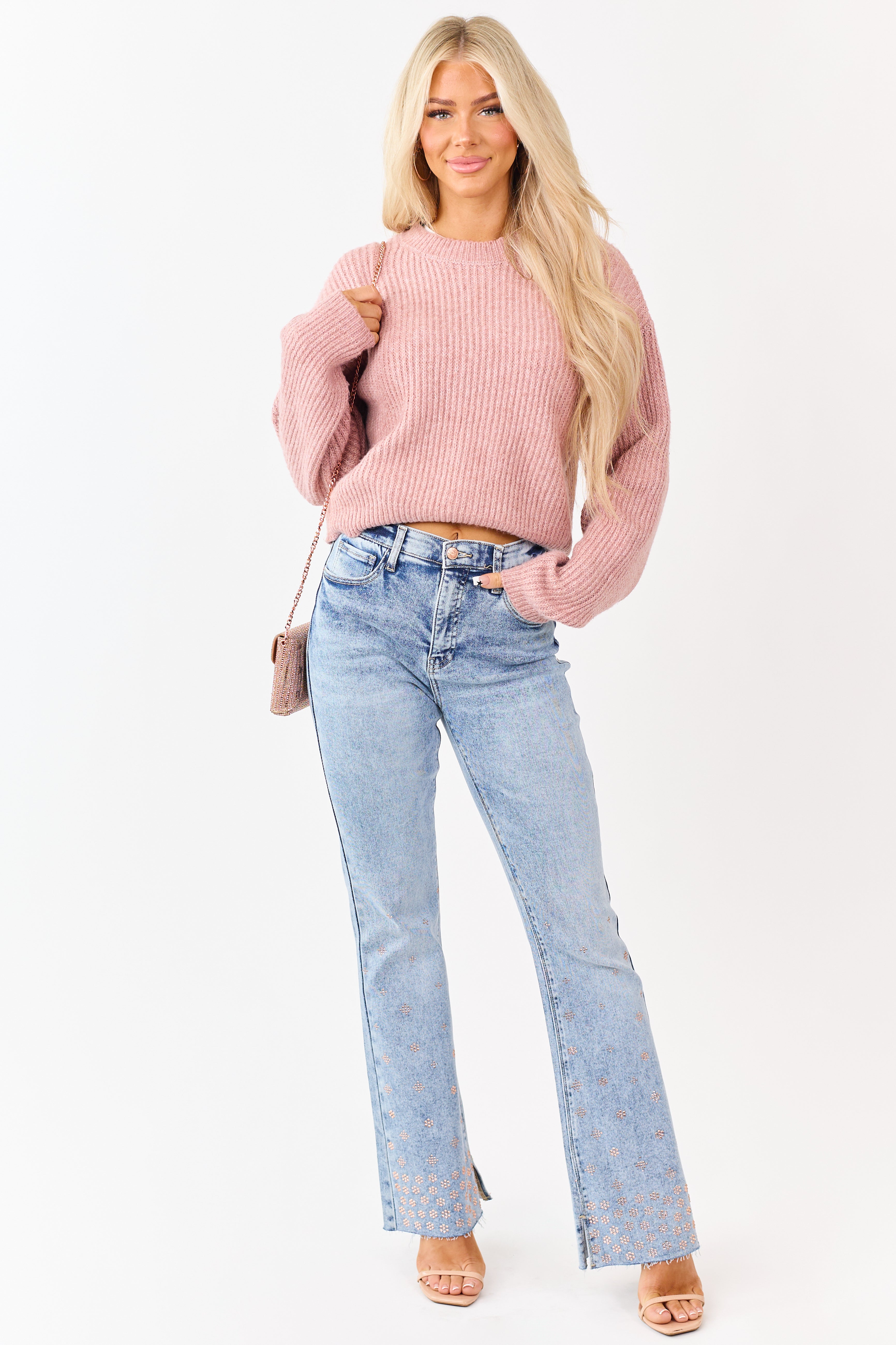 Saige Tummy Control Floral Rhinestone Stretch Flare Jeans