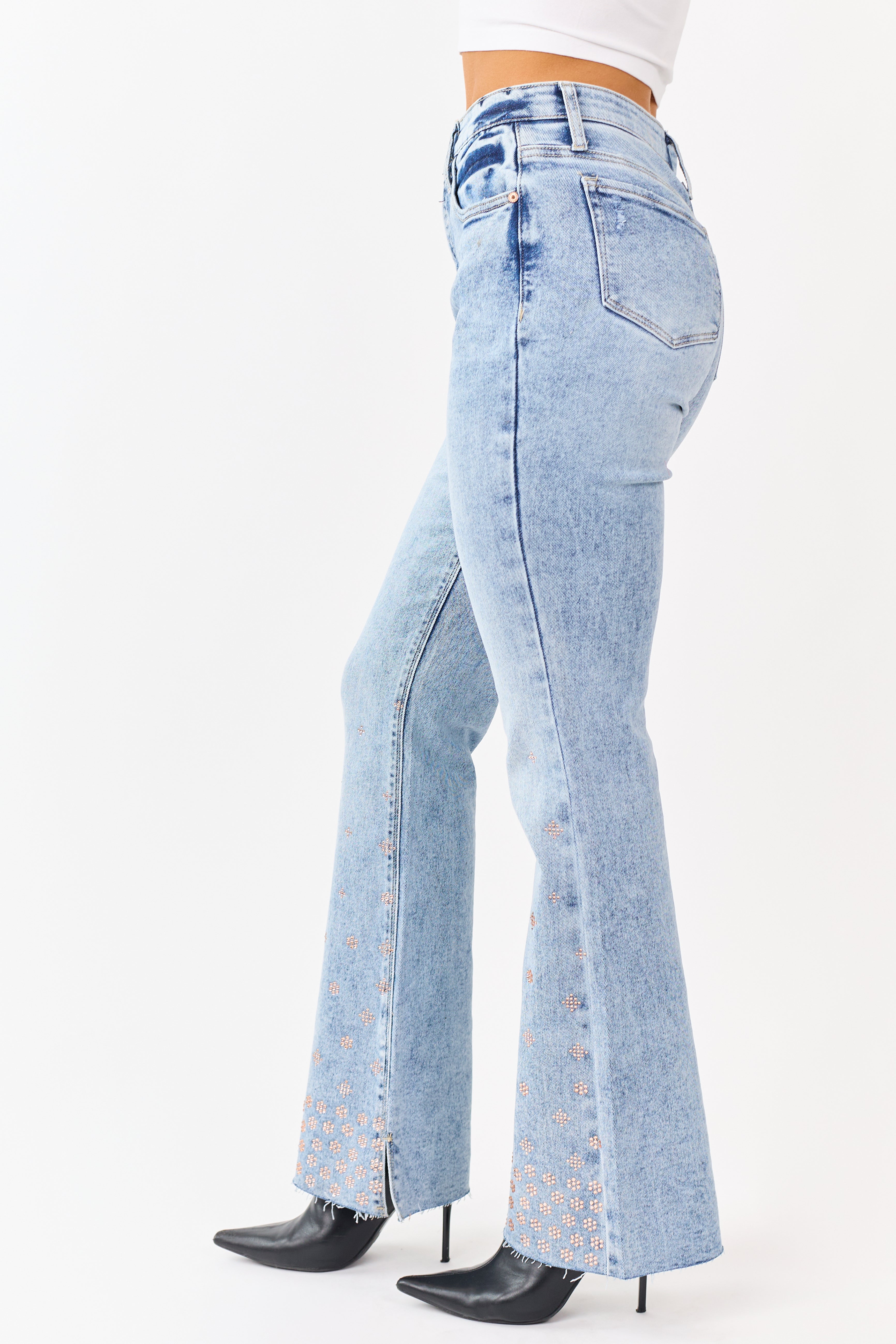 Saige Tummy Control Floral Rhinestone Stretch Flare Jeans