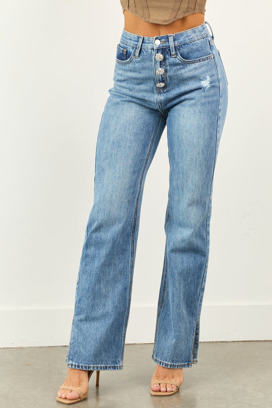 Saige Tummy Control Jewel Button Fly Straight Jeans