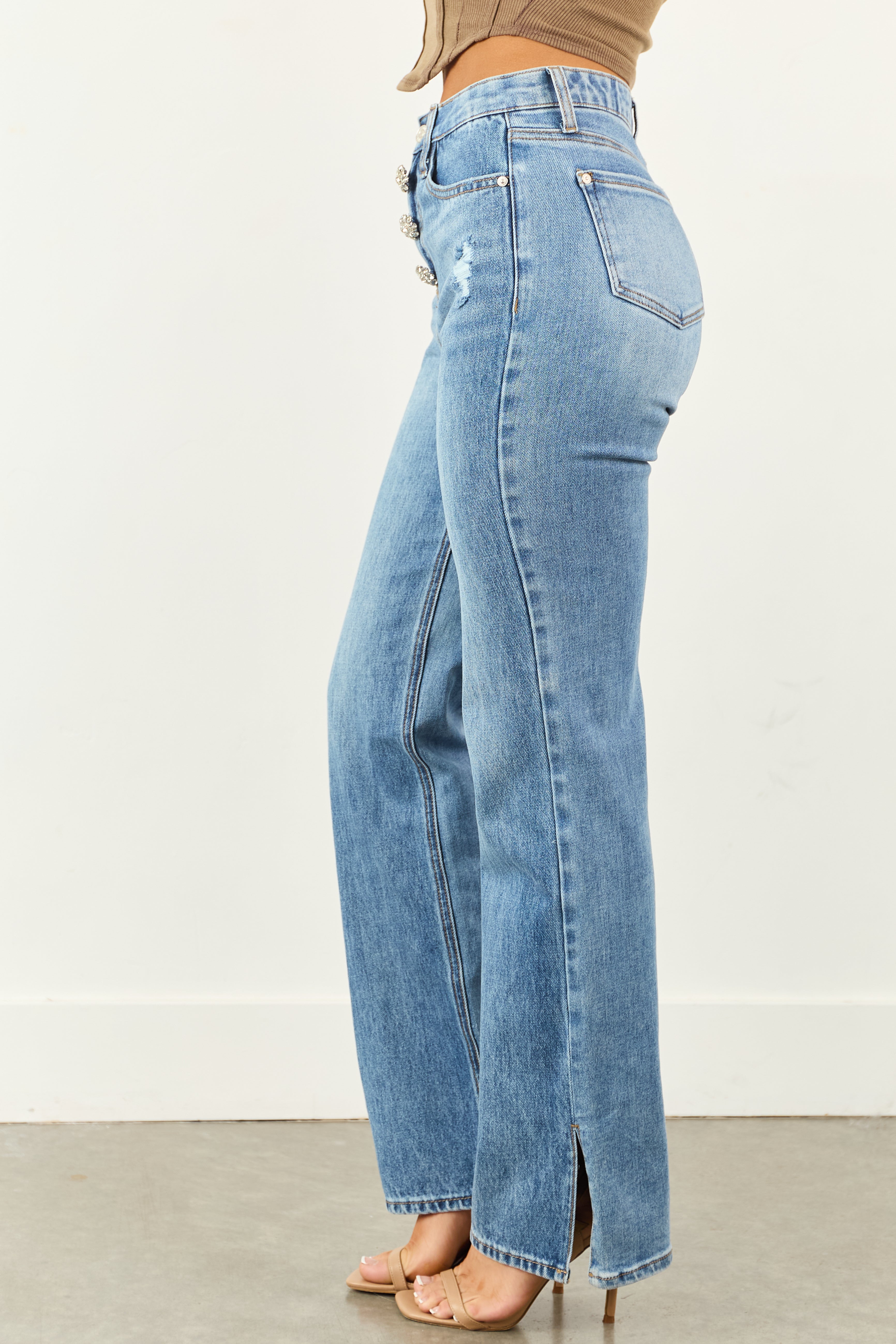 Saige Tummy Control Jewel Button Fly Straight Jeans