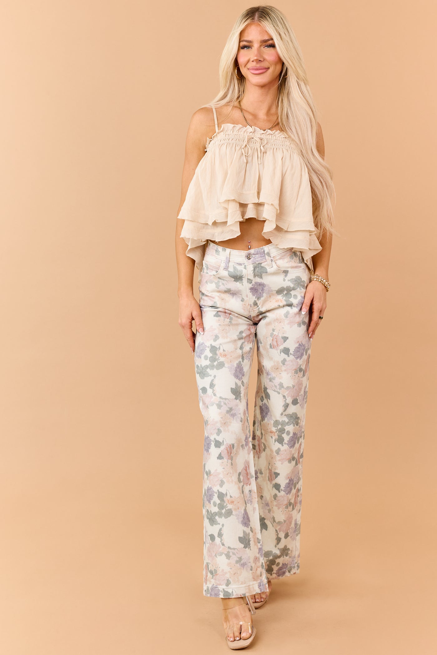 Saige Vanilla Floral Tummy Control Straight Jeans