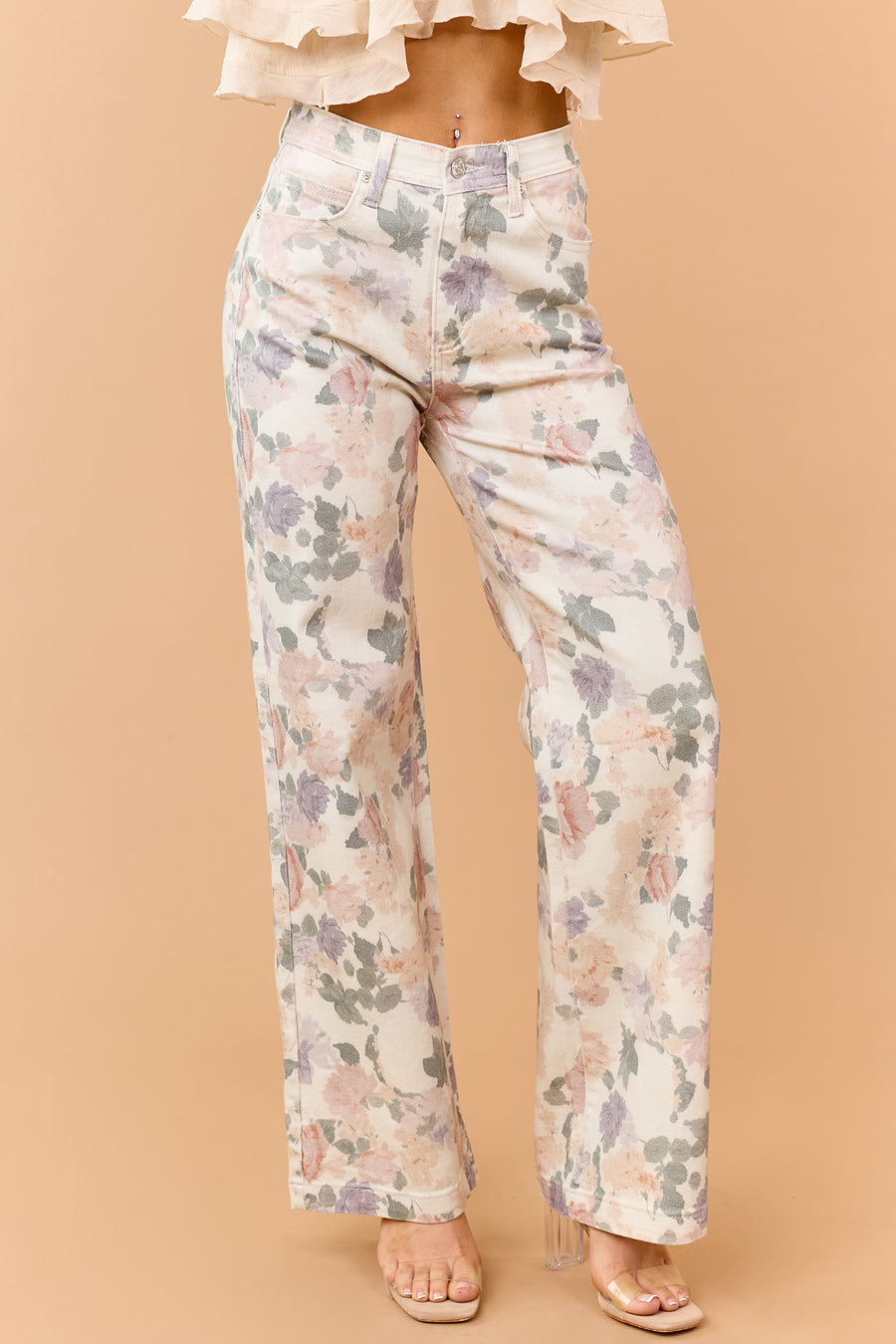 Saige Vanilla Floral Tummy Control Straight Jeans