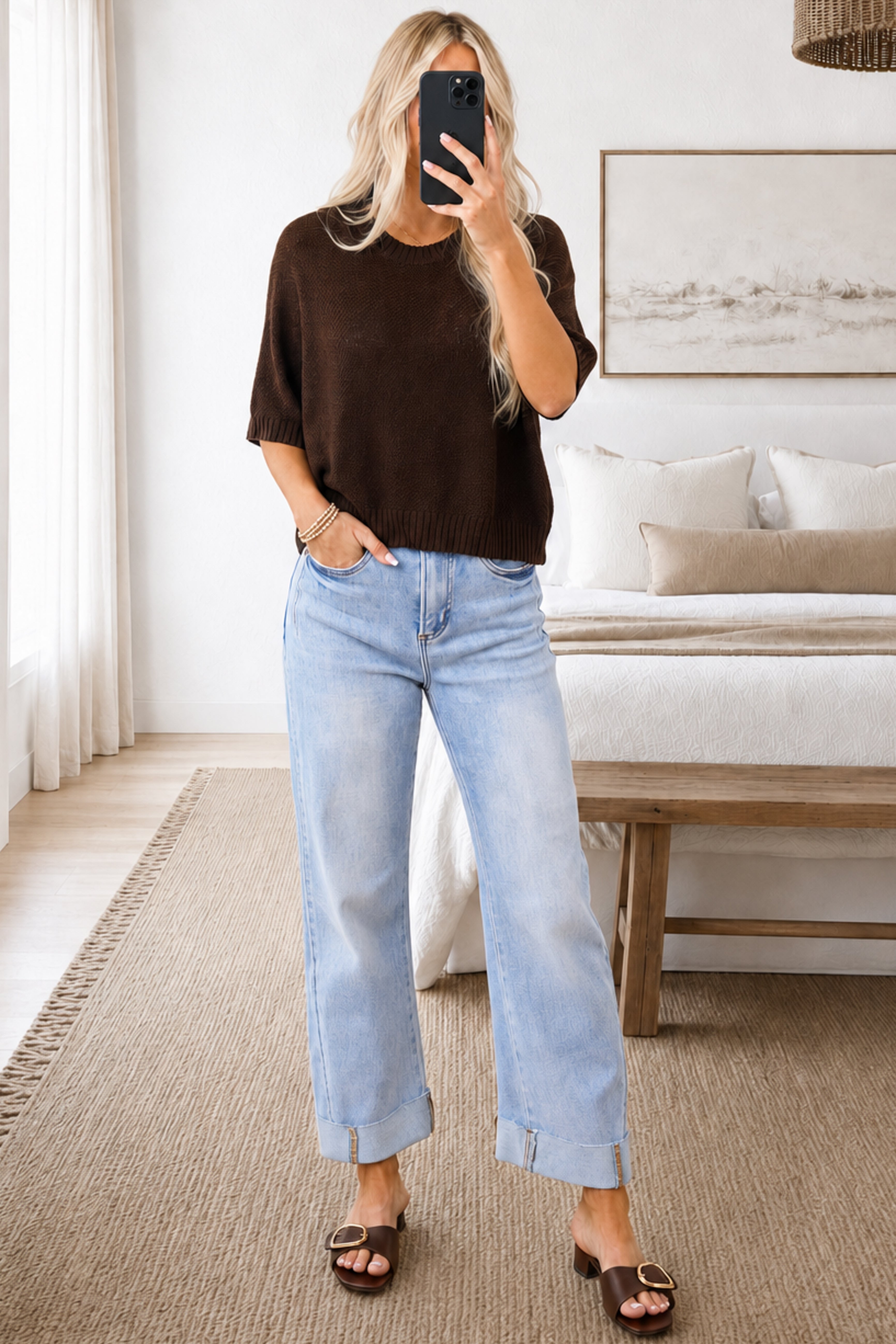 Saige Light Wash Tummy Control Cuffed Straight Jeans