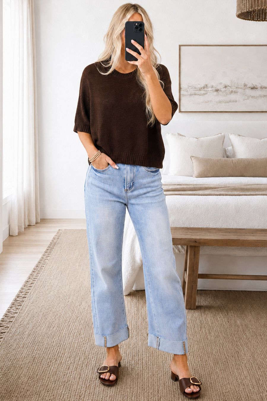 Saige Light Wash Tummy Control Cuffed Straight Jeans