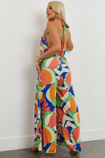 Salmon Tropical Print Halter Wide Leg Jumpsuit