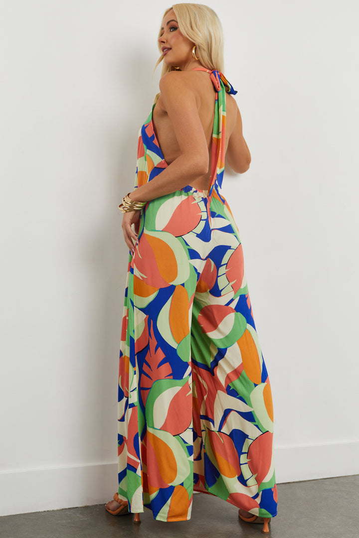 Salmon Tropical Print Halter Wide Leg Jumpsuit