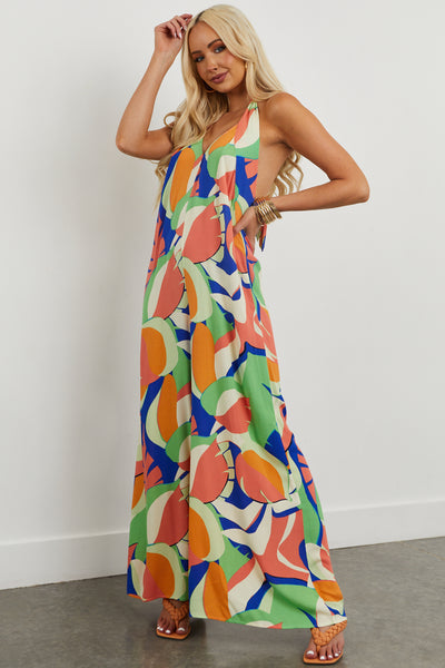 Salmon Tropical Print Halter Wide Leg Jumpsuit