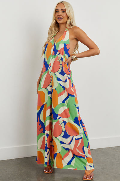 Salmon Tropical Print Halter Wide Leg Jumpsuit