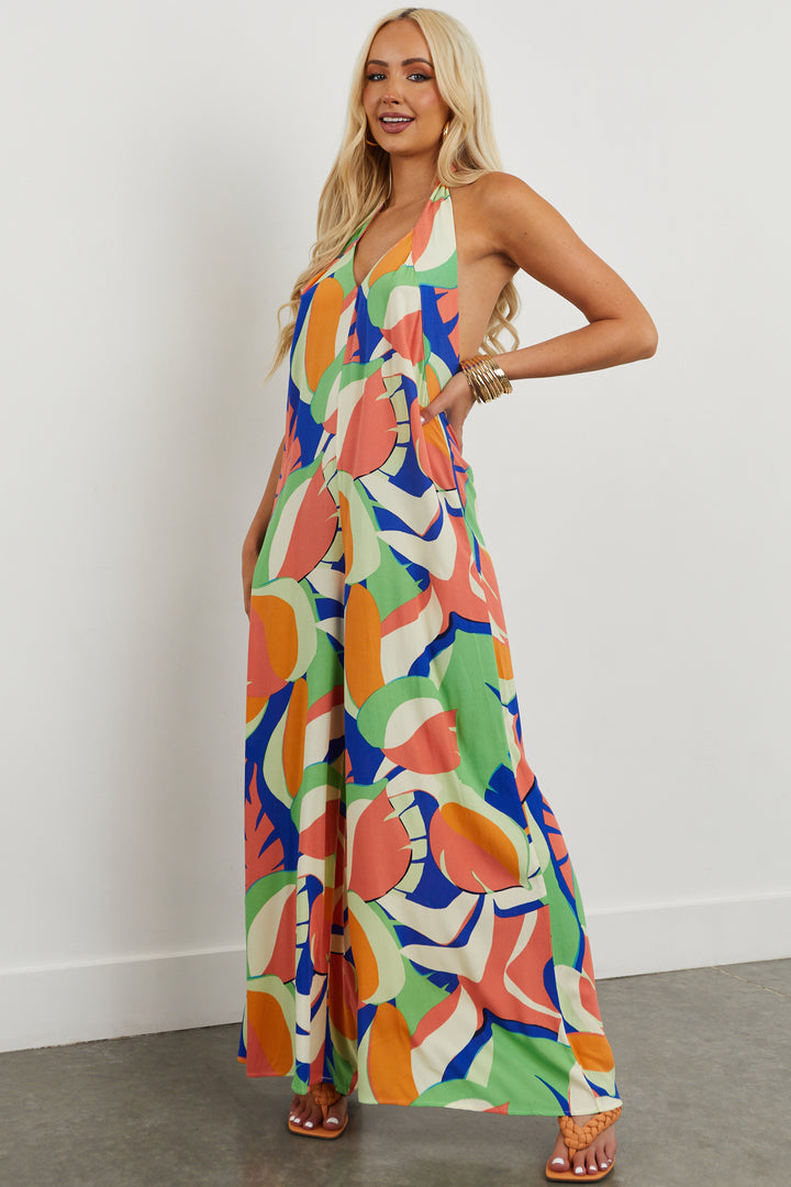 Salmon Tropical Print Halter Wide Leg Jumpsuit