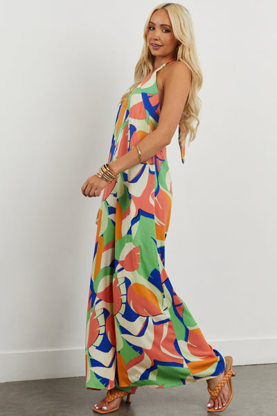 Salmon Tropical Print Halter Wide Leg Jumpsuit