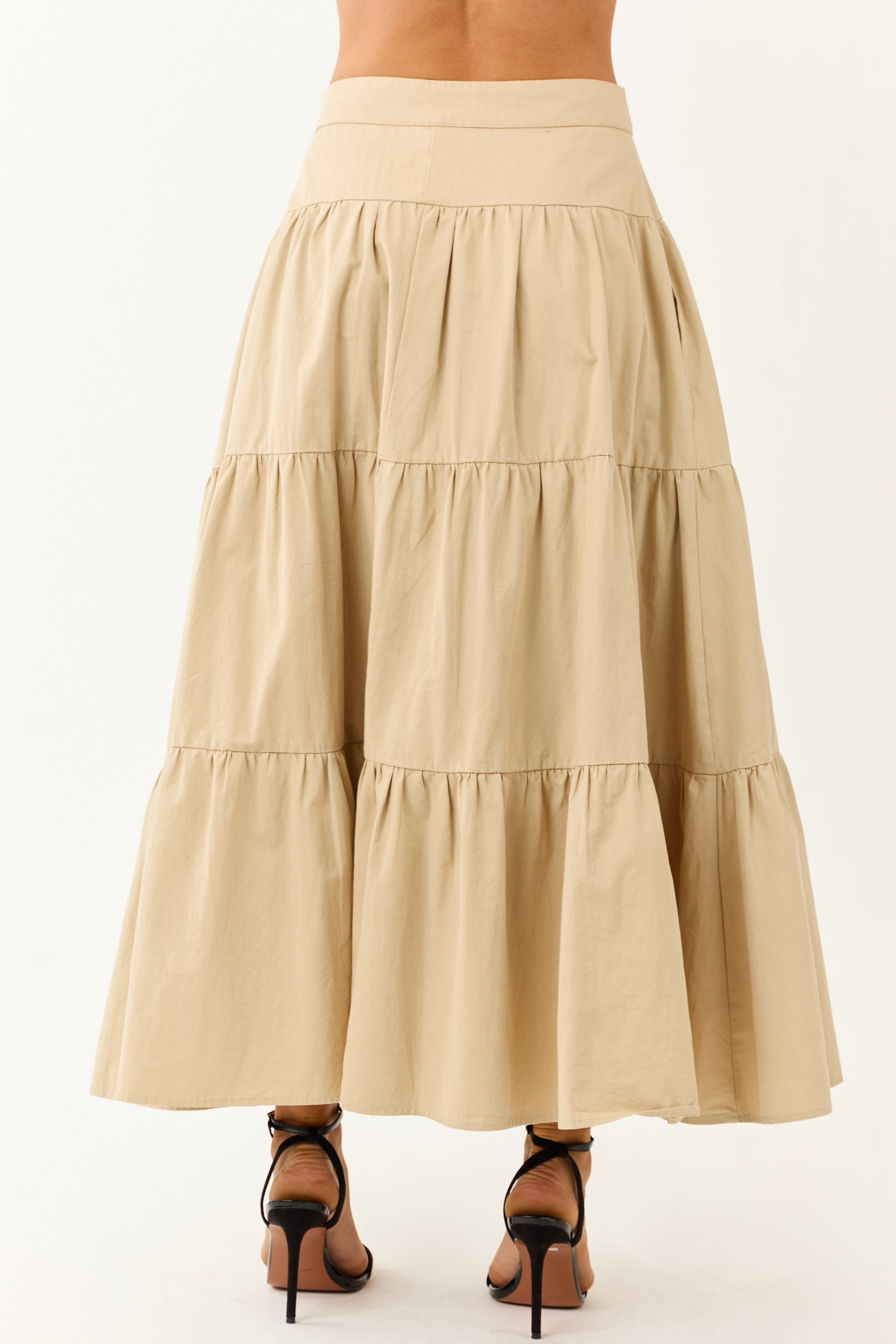 Sand Button Fly Tiered Cotton Maxi Skirt