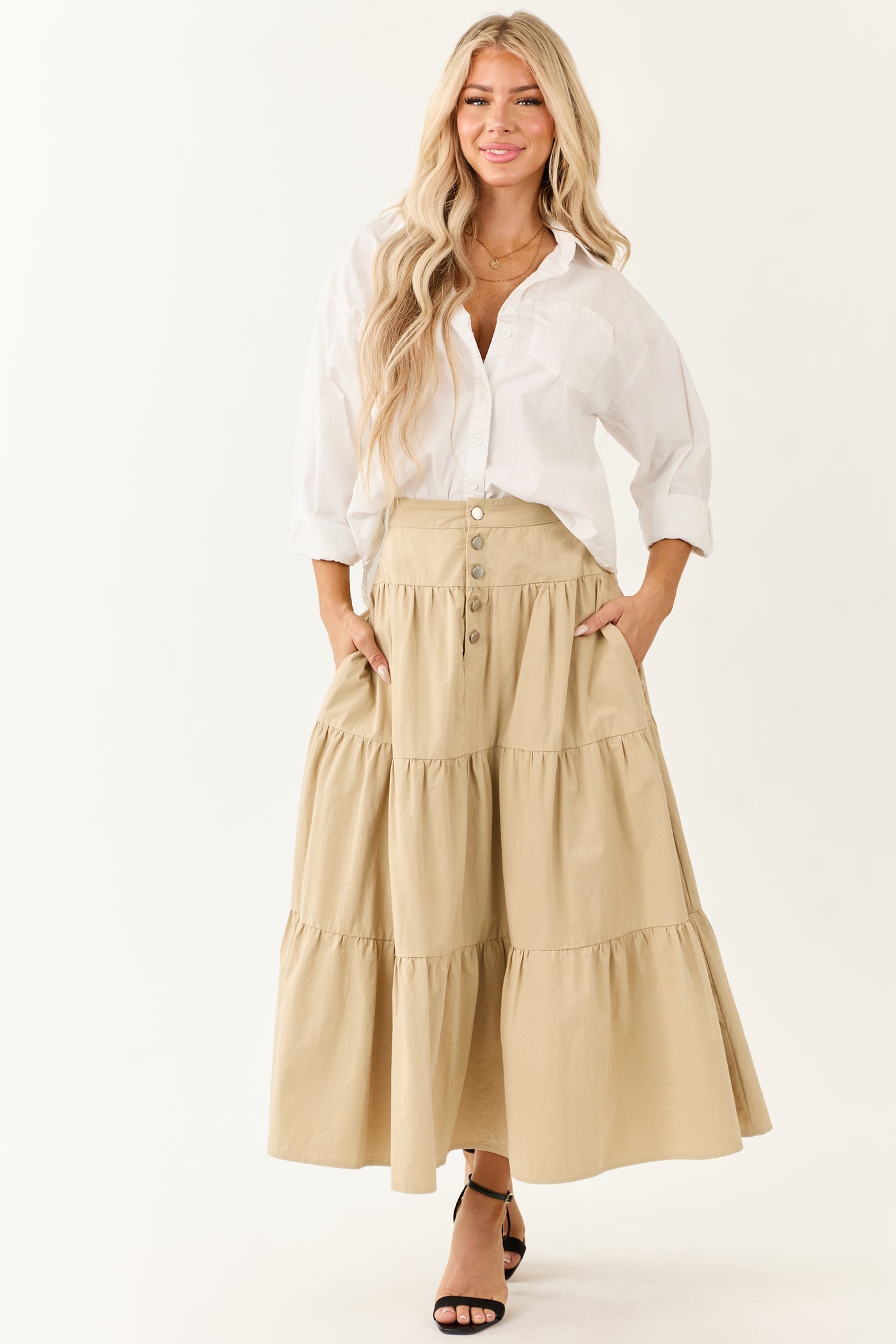 Sand Button Fly Tiered Cotton Maxi Skirt
