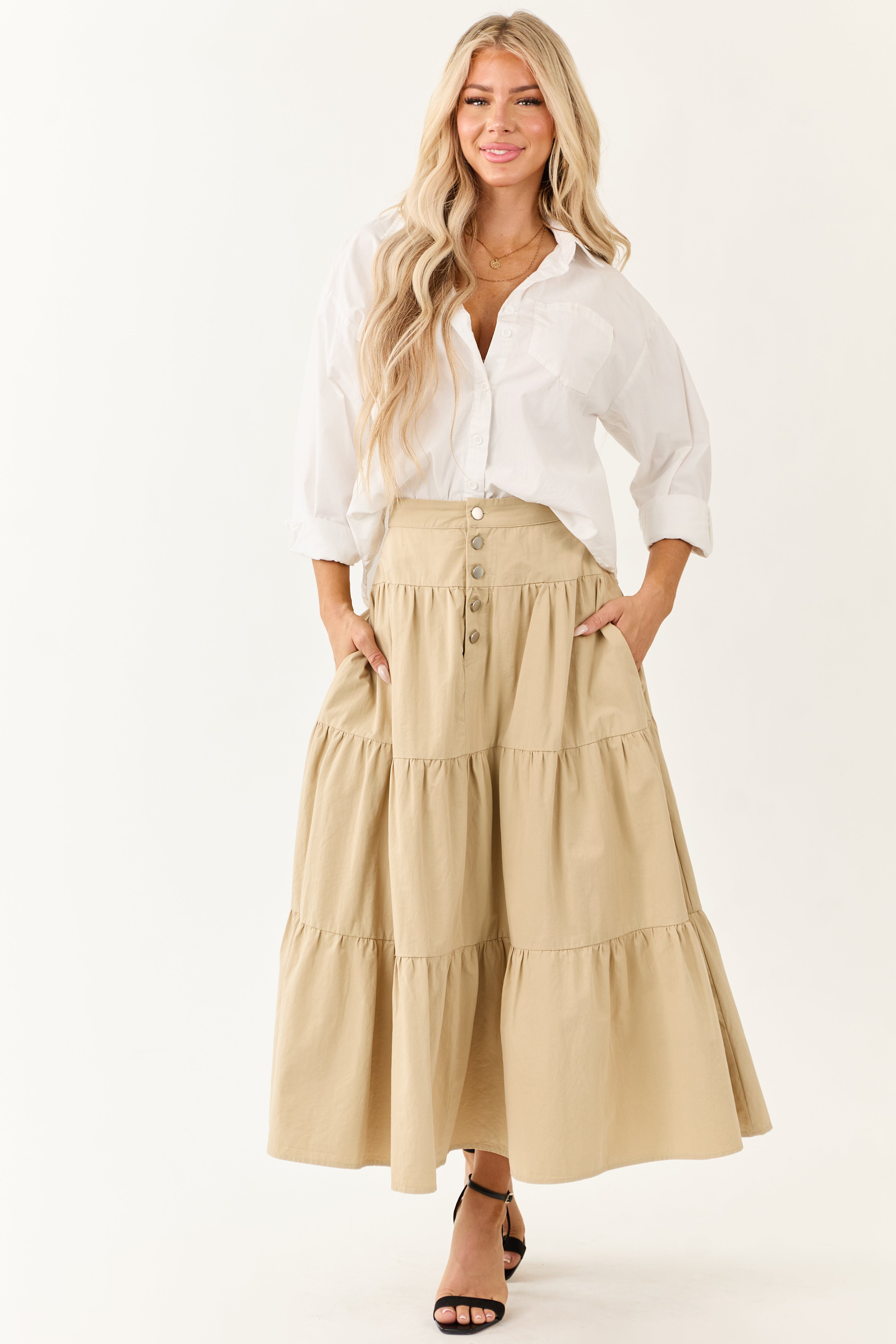 Sand Button Fly Tiered Cotton Maxi Skirt