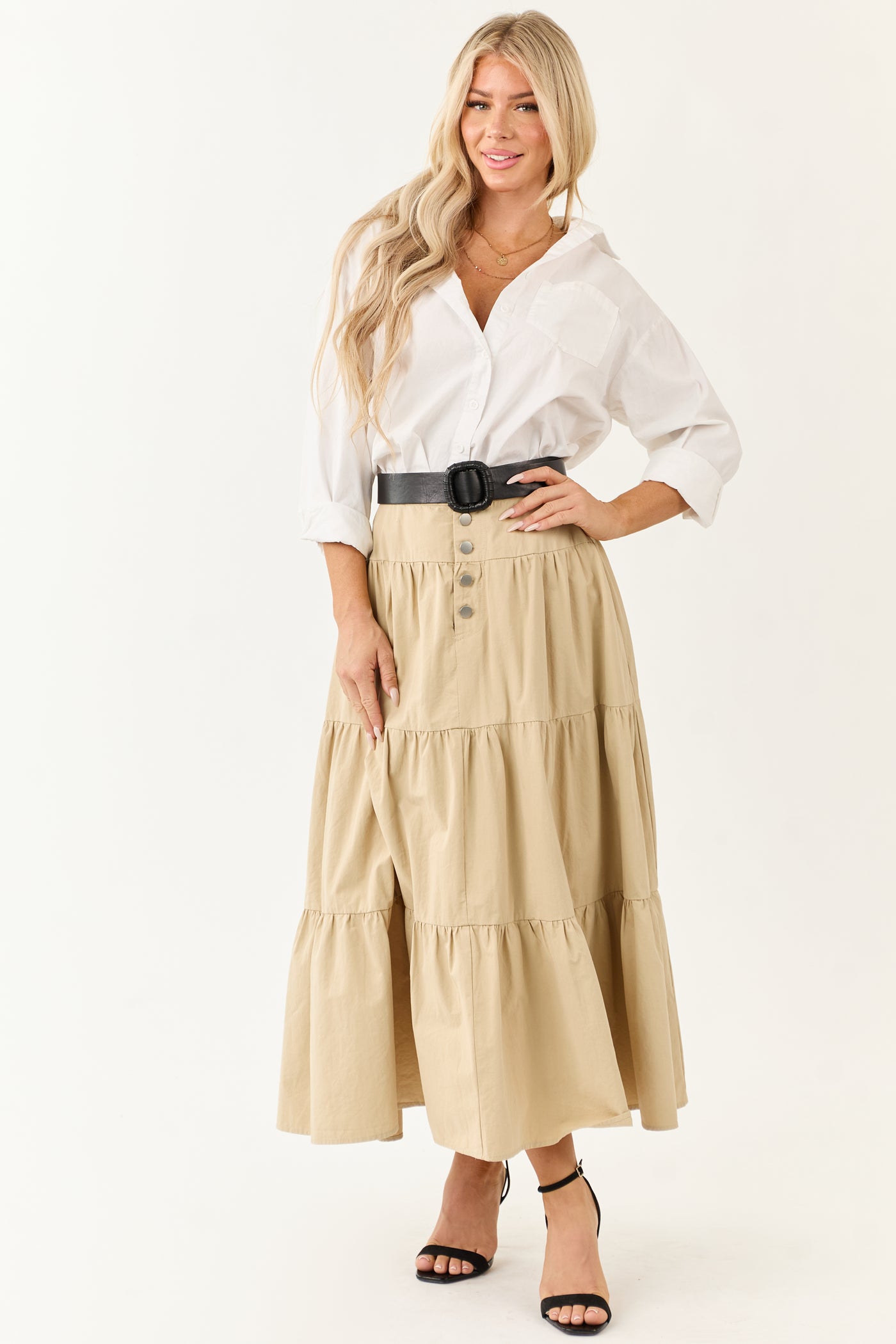Sand Button Fly Tiered Cotton Maxi Skirt