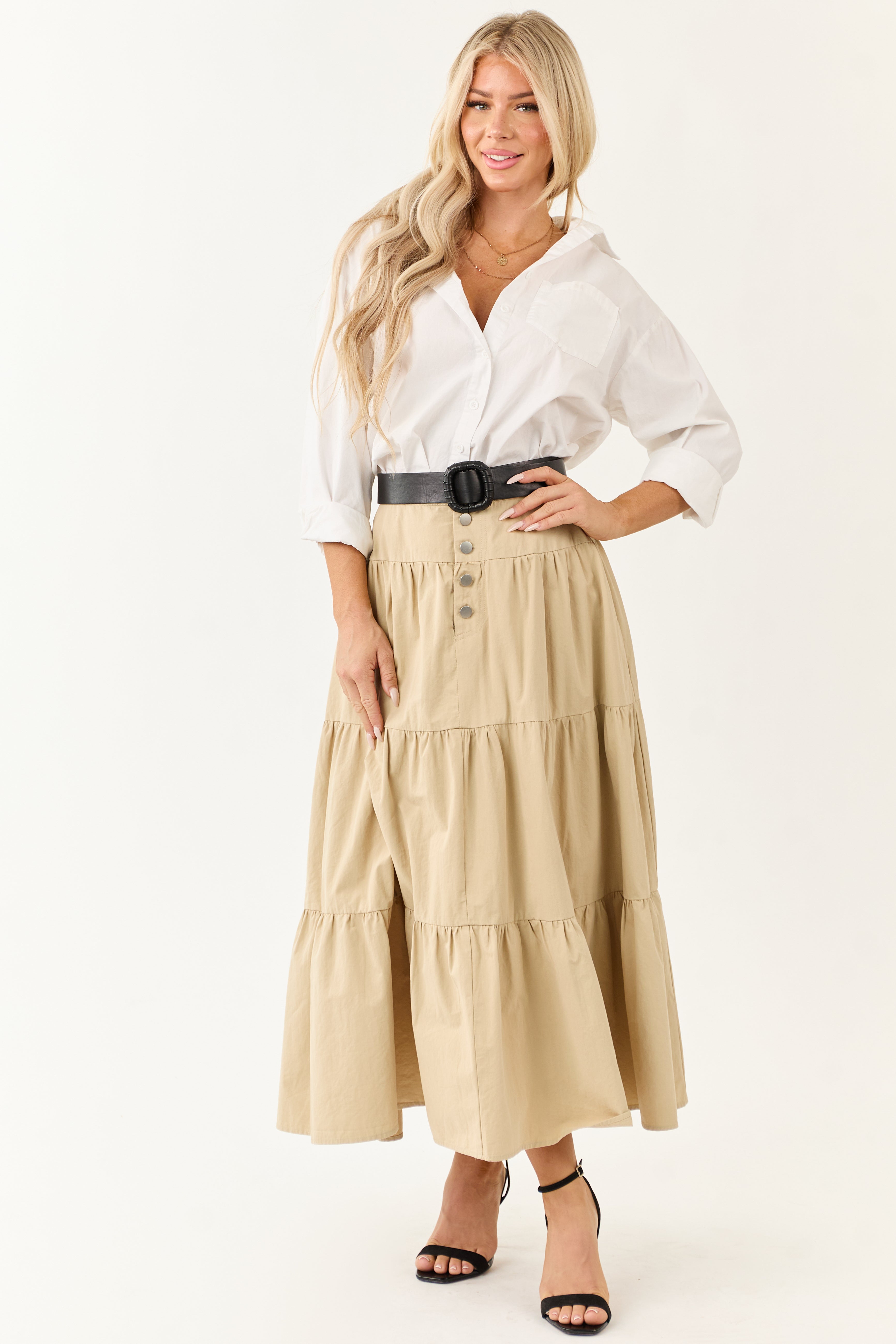 Sand Button Fly Tiered Cotton Maxi Skirt