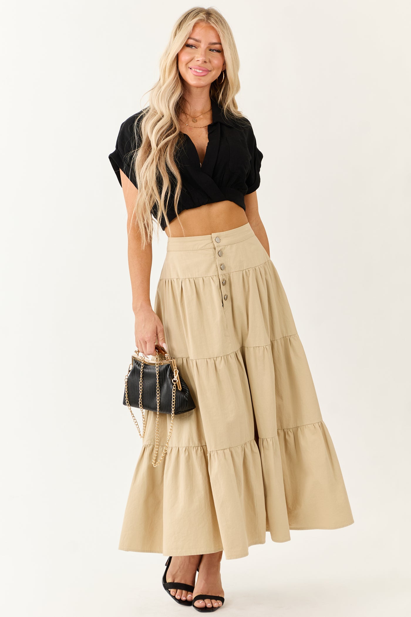 Sand Button Fly Tiered Cotton Maxi Skirt