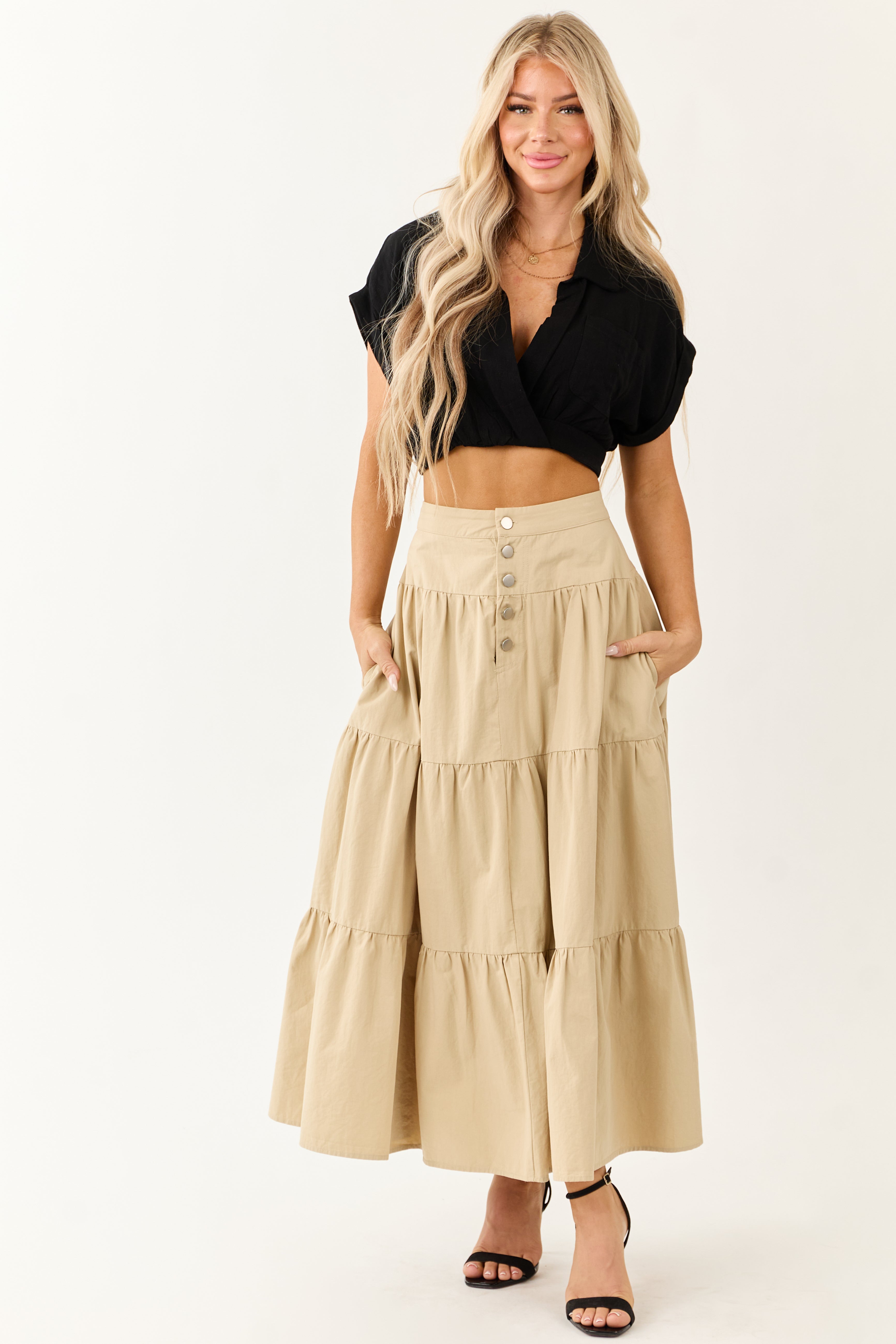 Sand Button Fly Tiered Cotton Maxi Skirt