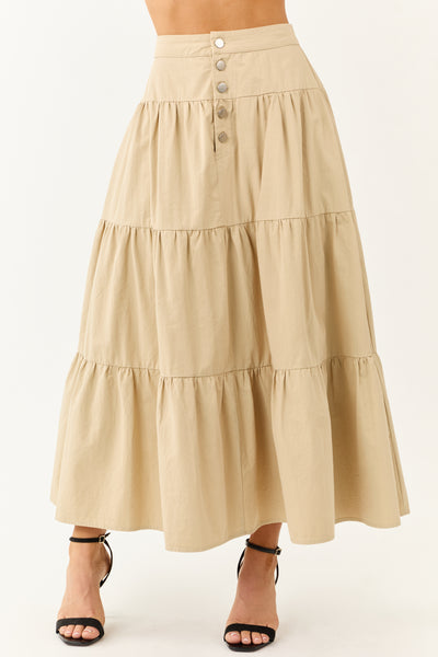 Sand Button Fly Tiered Cotton Maxi Skirt