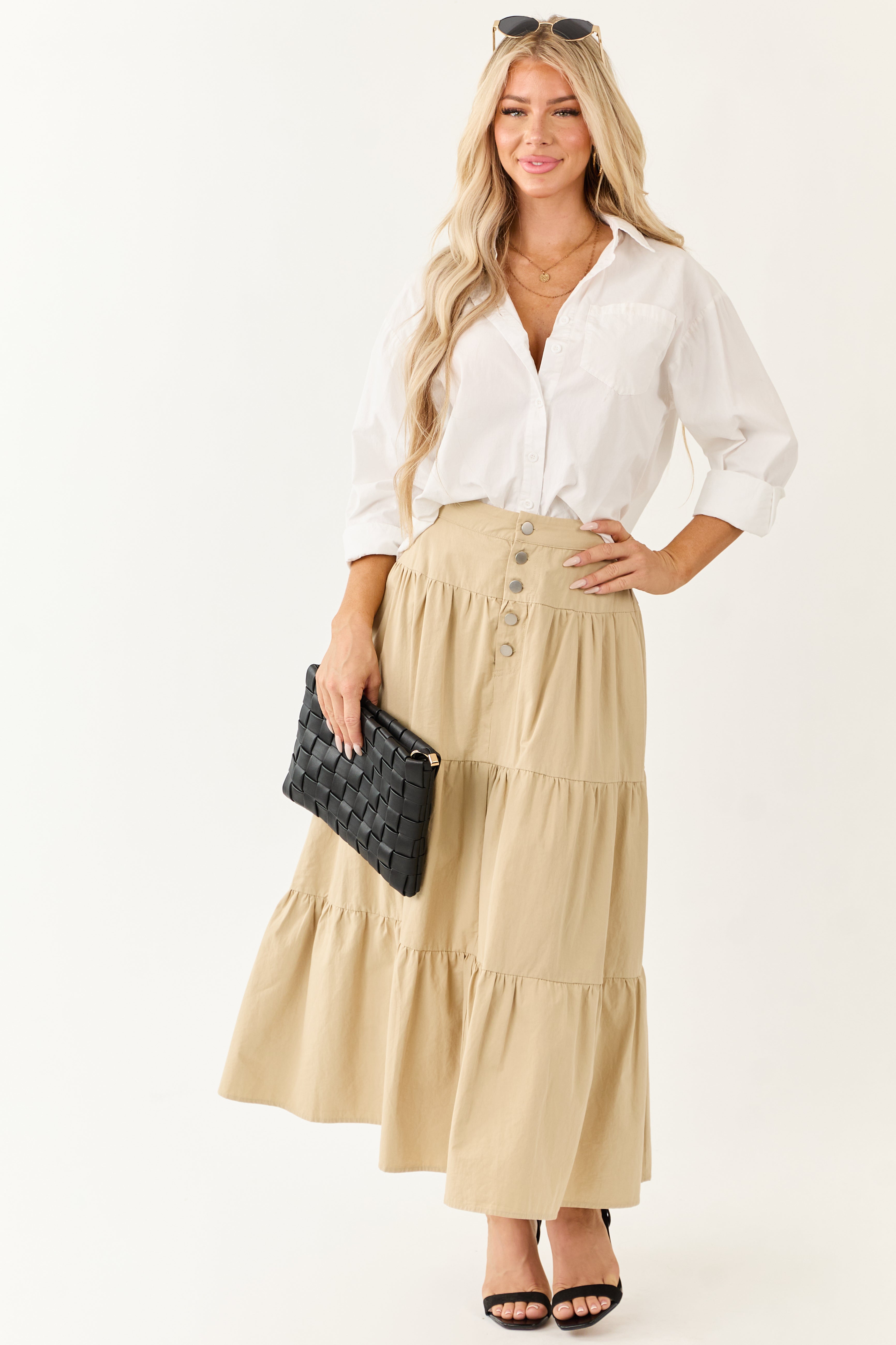 Sand Button Fly Tiered Cotton Maxi Skirt