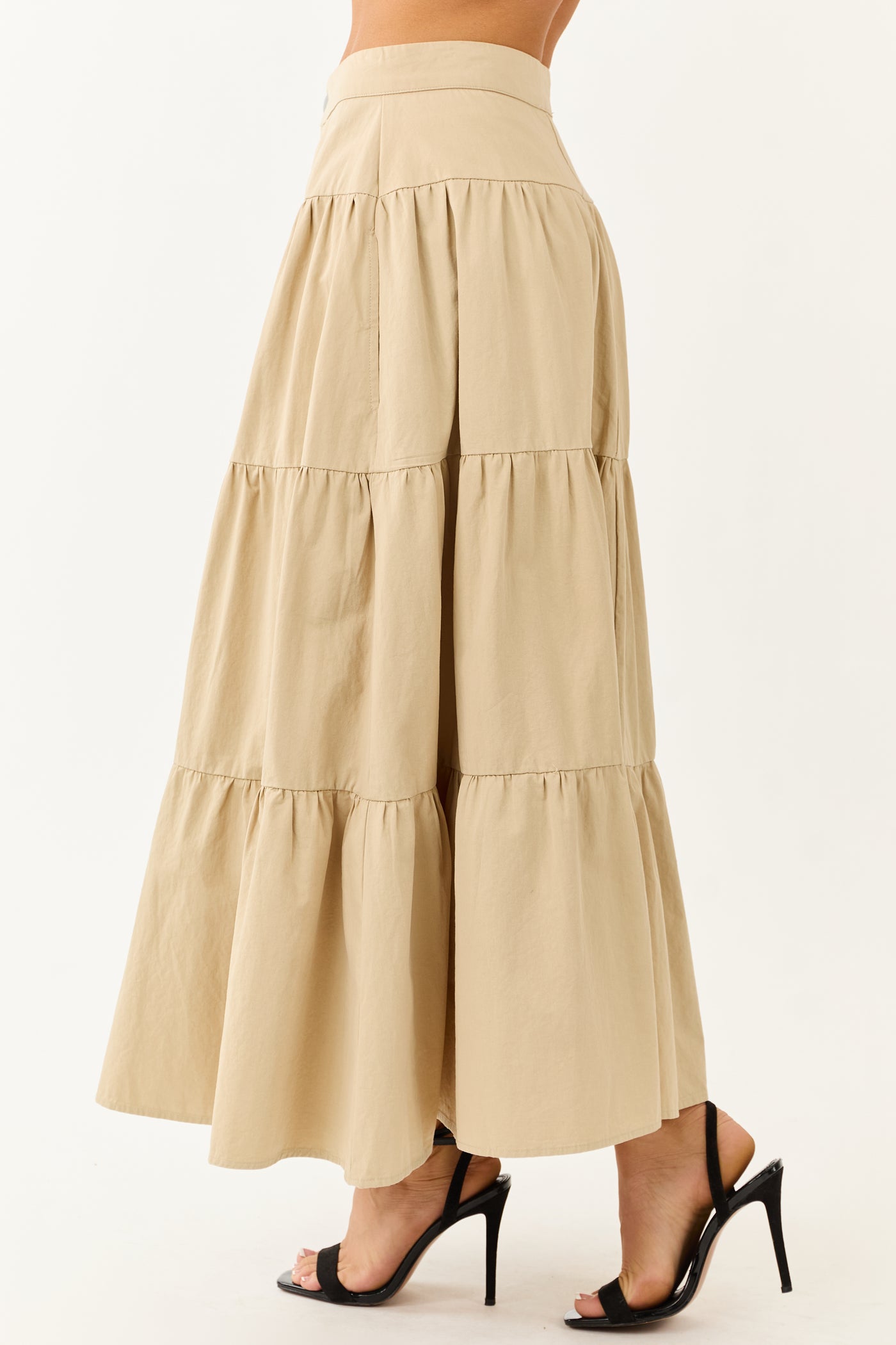 Sand Button Fly Tiered Cotton Maxi Skirt