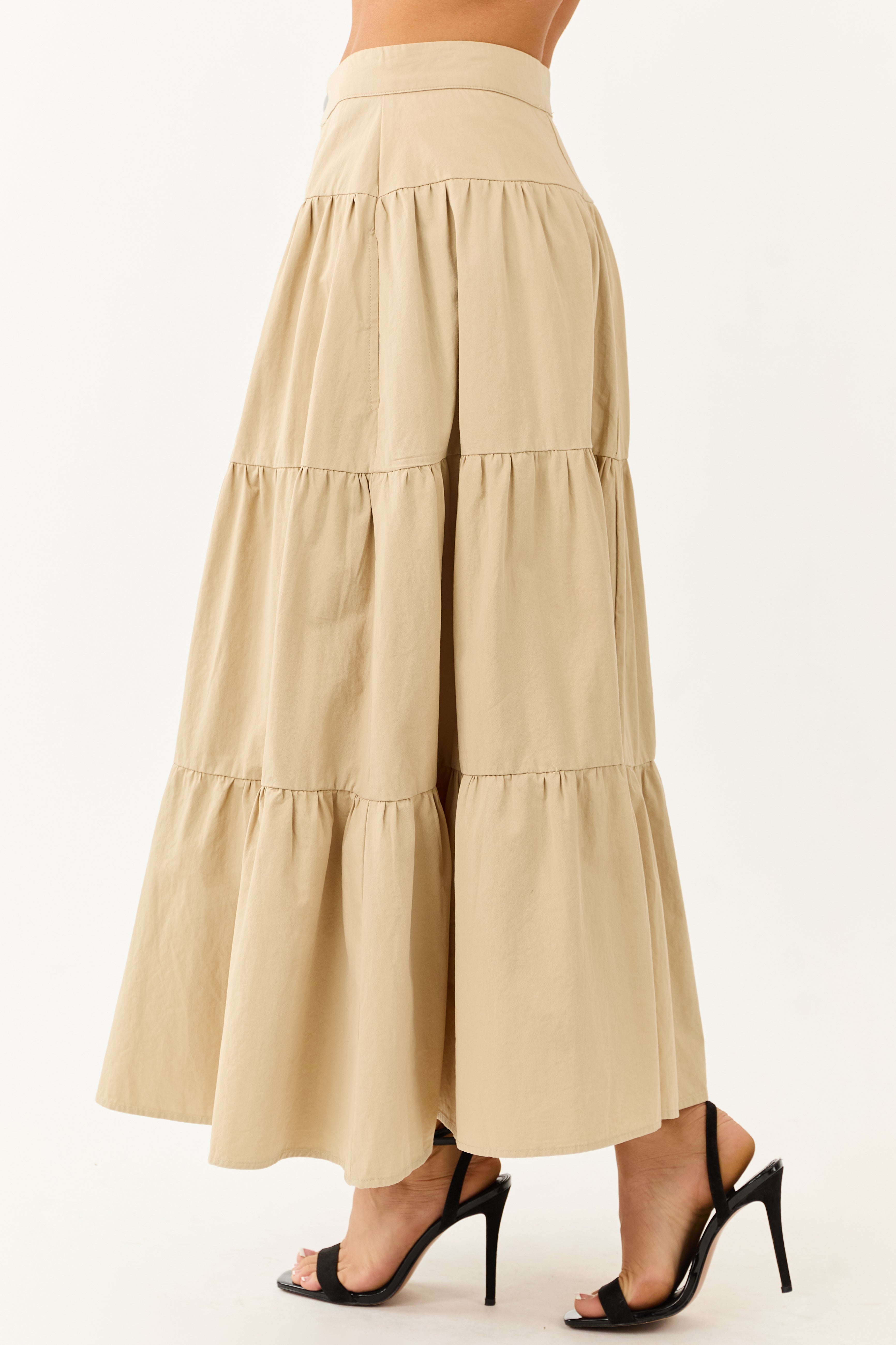 Sand Button Fly Tiered Cotton Maxi Skirt