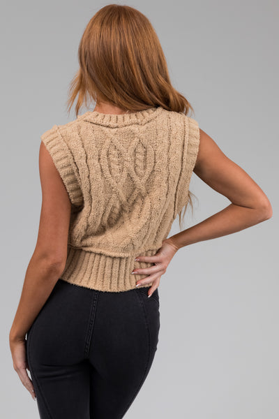 Sand Cable Knit Cropped Fuzzy Sweater Vest