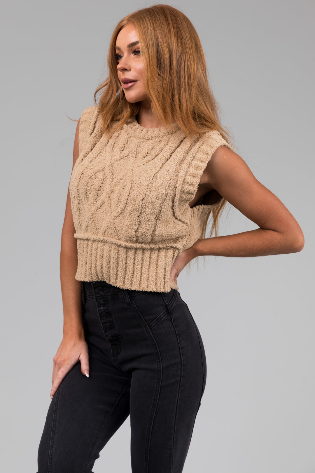 Sand Cable Knit Cropped Fuzzy Sweater Vest