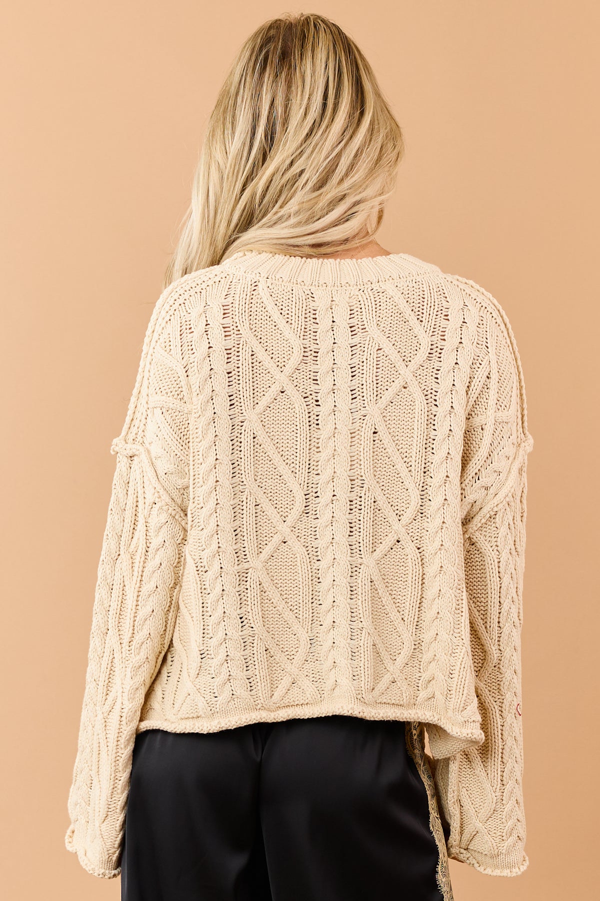 Sand Cable Knit Rolled Trim Exposed Seam Sweater