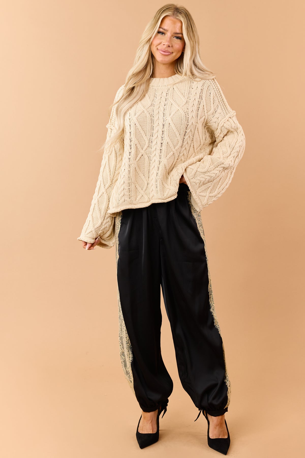 Sand Cable Knit Rolled Trim Exposed Seam Sweater