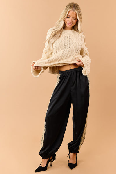Sand Cable Knit Rolled Trim Exposed Seam Sweater