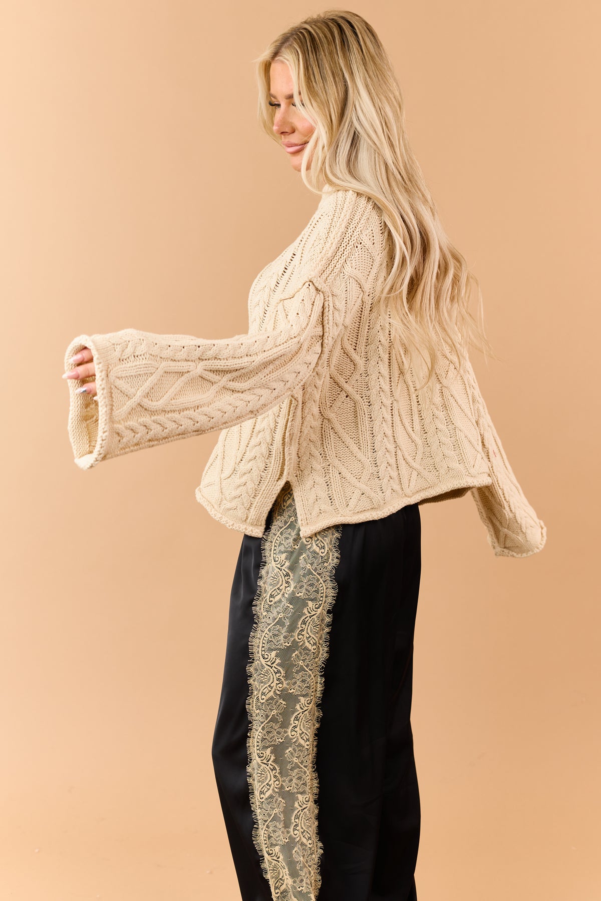 Sand Cable Knit Rolled Trim Exposed Seam Sweater