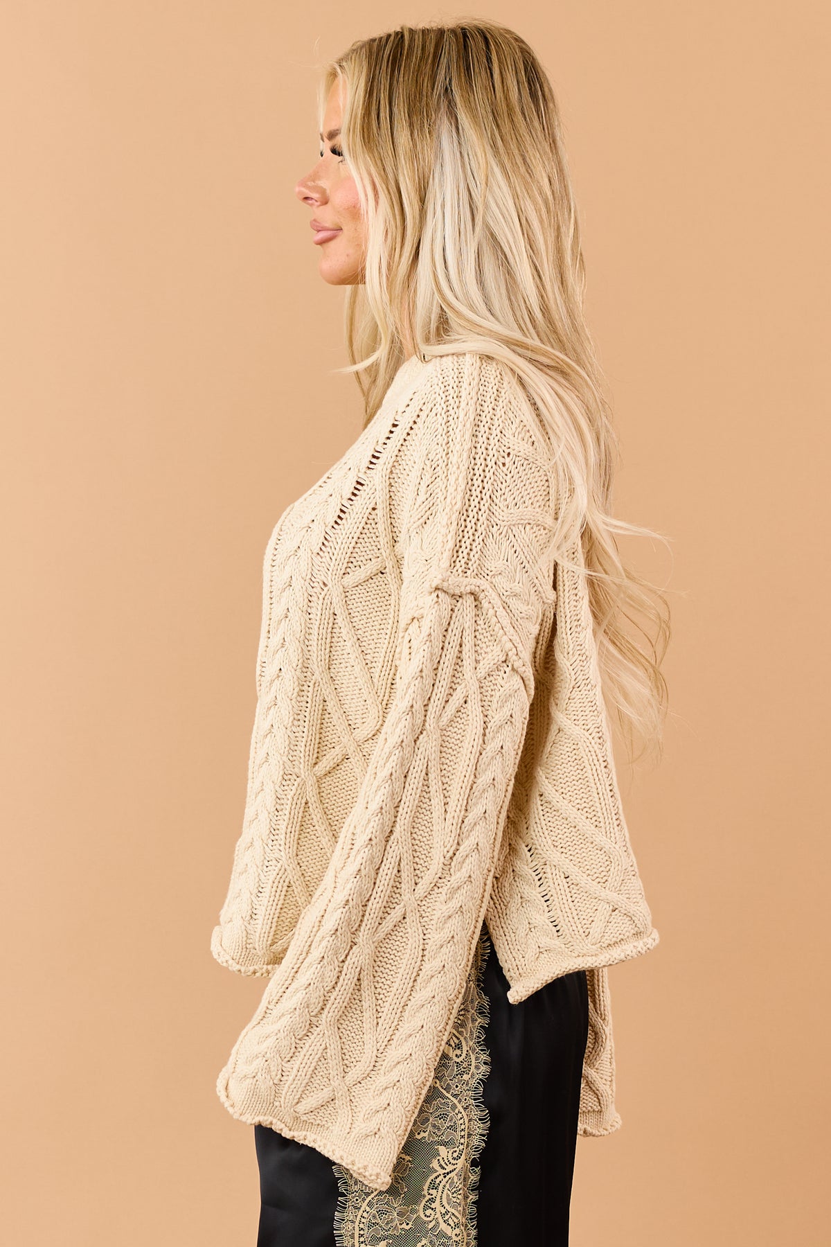 Sand Cable Knit Rolled Trim Exposed Seam Sweater