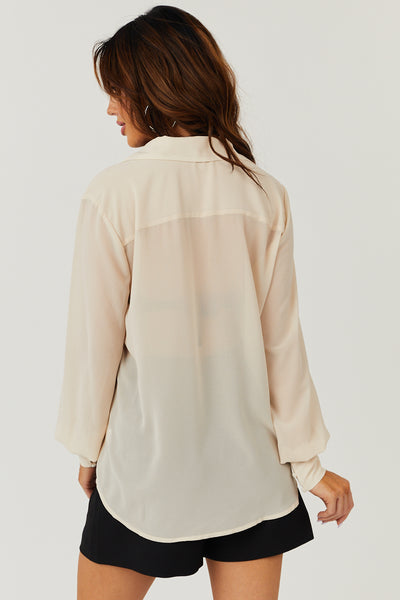 Sand Chest Pocket Chiffon Button Down Blouse