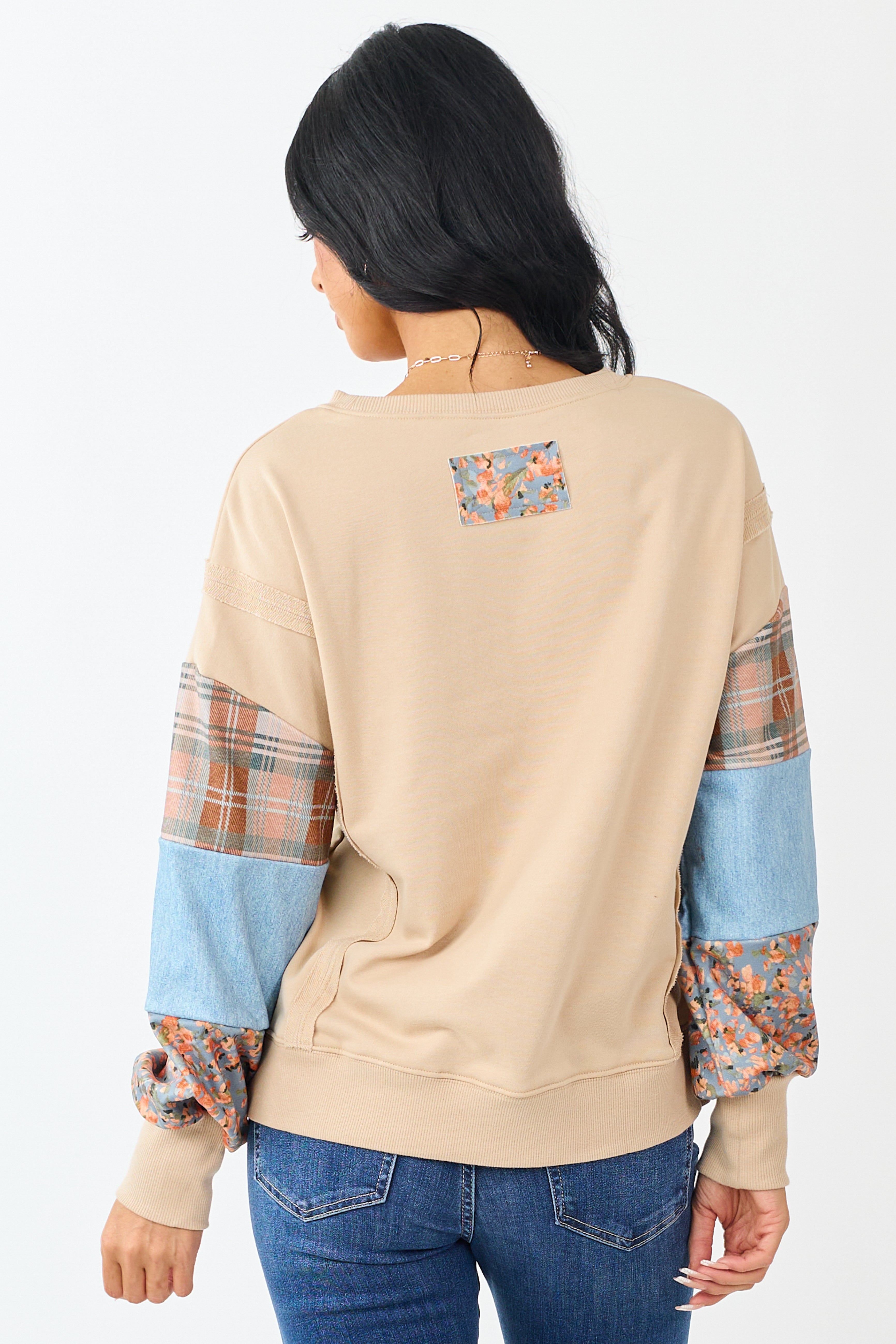 Sand Contrast Patchwork Raw Seam Sweatshirt