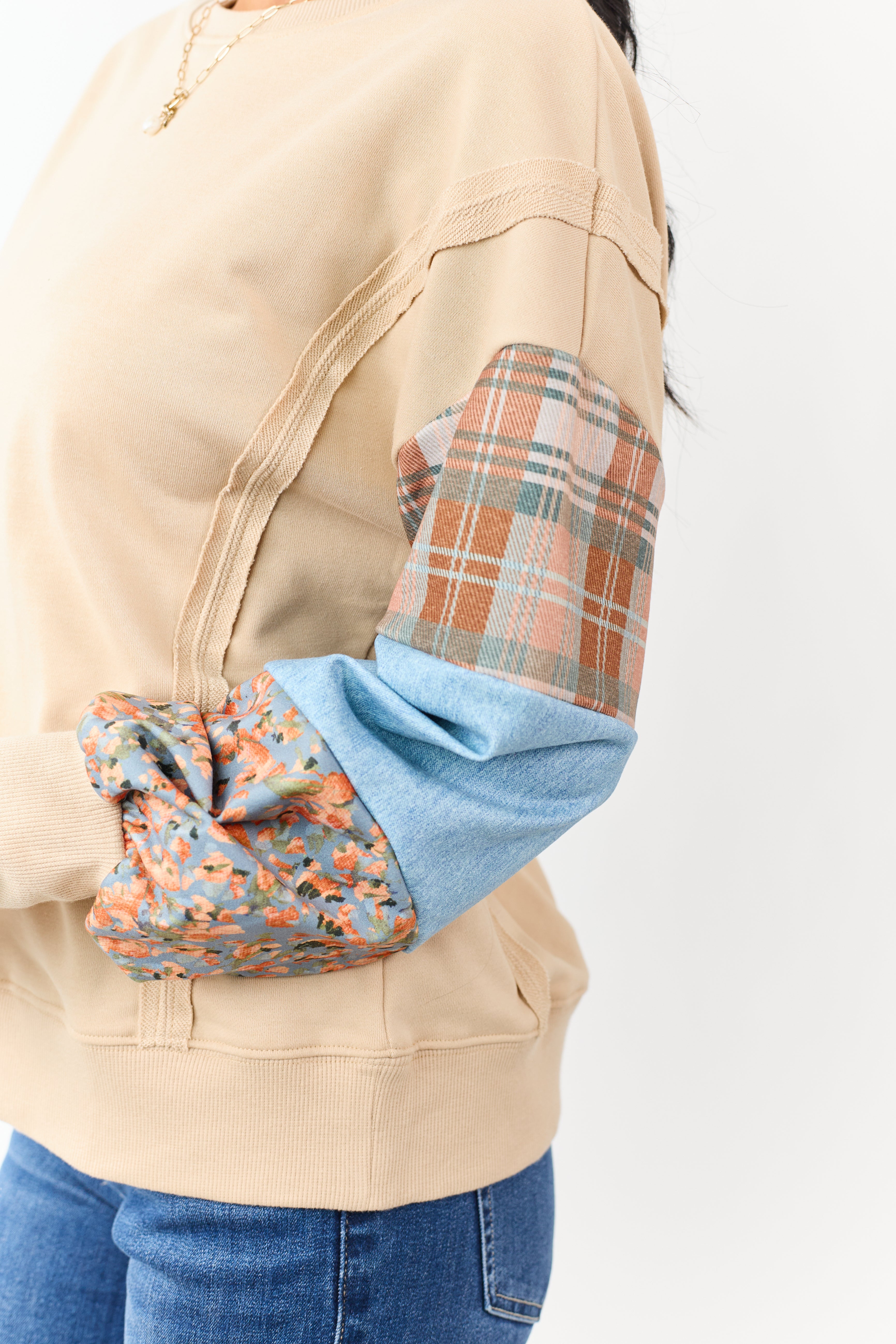 Sand Contrast Patchwork Raw Seam Sweatshirt | Lime Lush Boutique