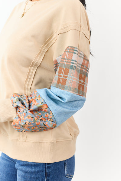 Sand Contrast Patchwork Raw Seam Sweatshirt