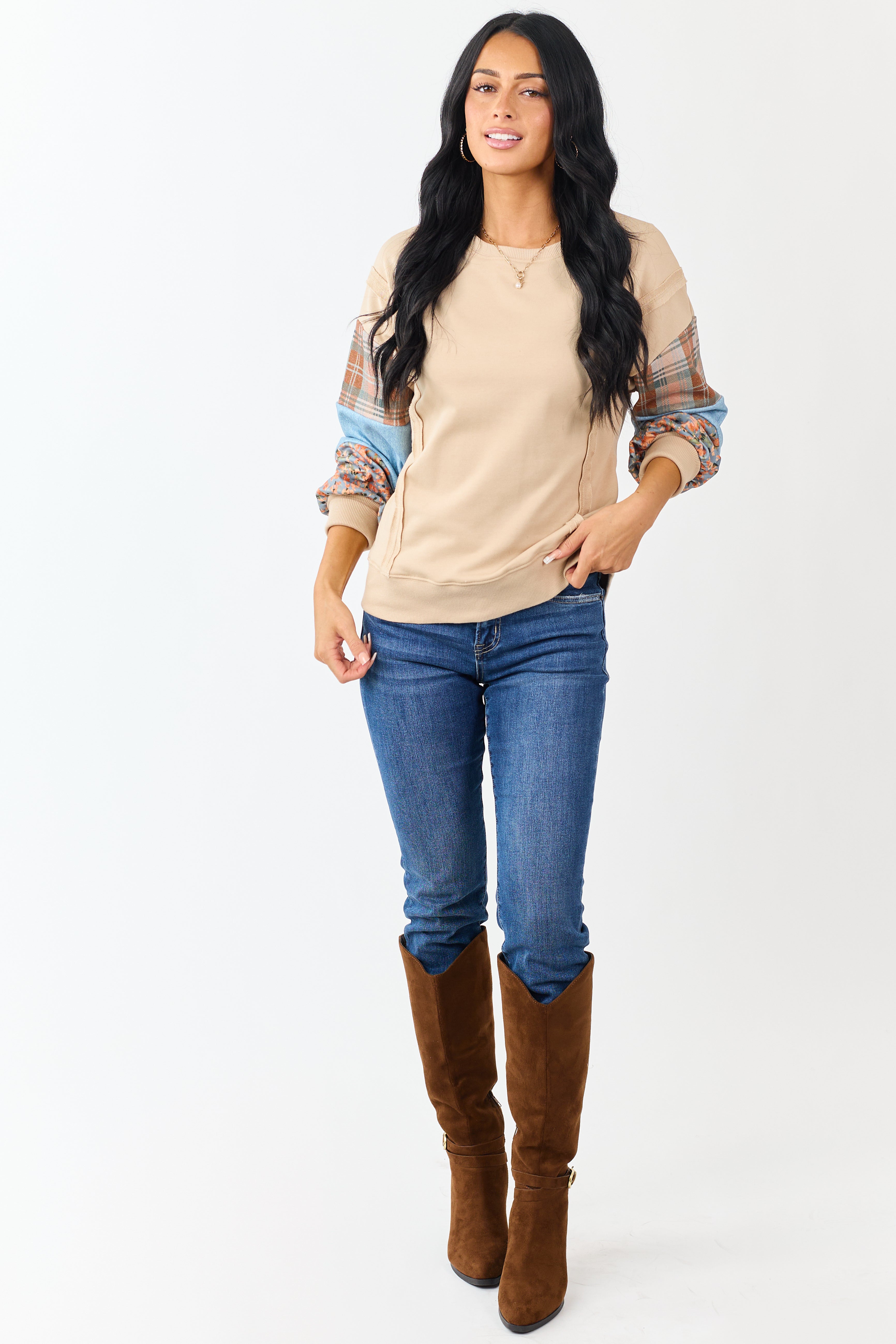 Sand Contrast Patchwork Raw Seam Sweatshirt | Lime Lush Boutique